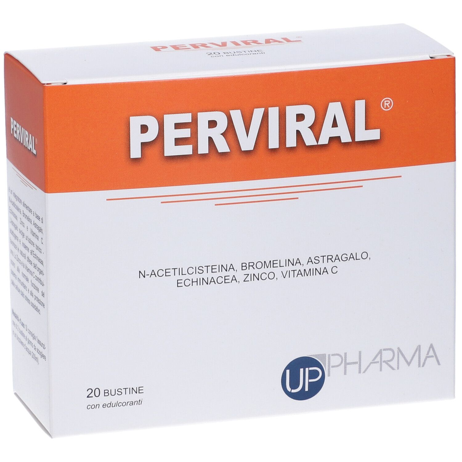 Scatola "PERVIRAL" con ingredienti. Contiene 20 bustine con edulcoranti. Logo UP Pharma.