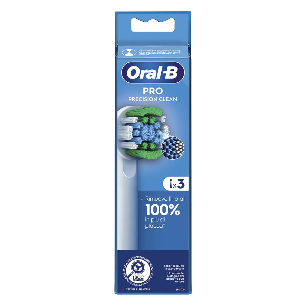 Testina Oral-B Pro Precision Clean in confezione. 3 pezzi. Setole blu, verdi e bianche. Certificazione ISCC.