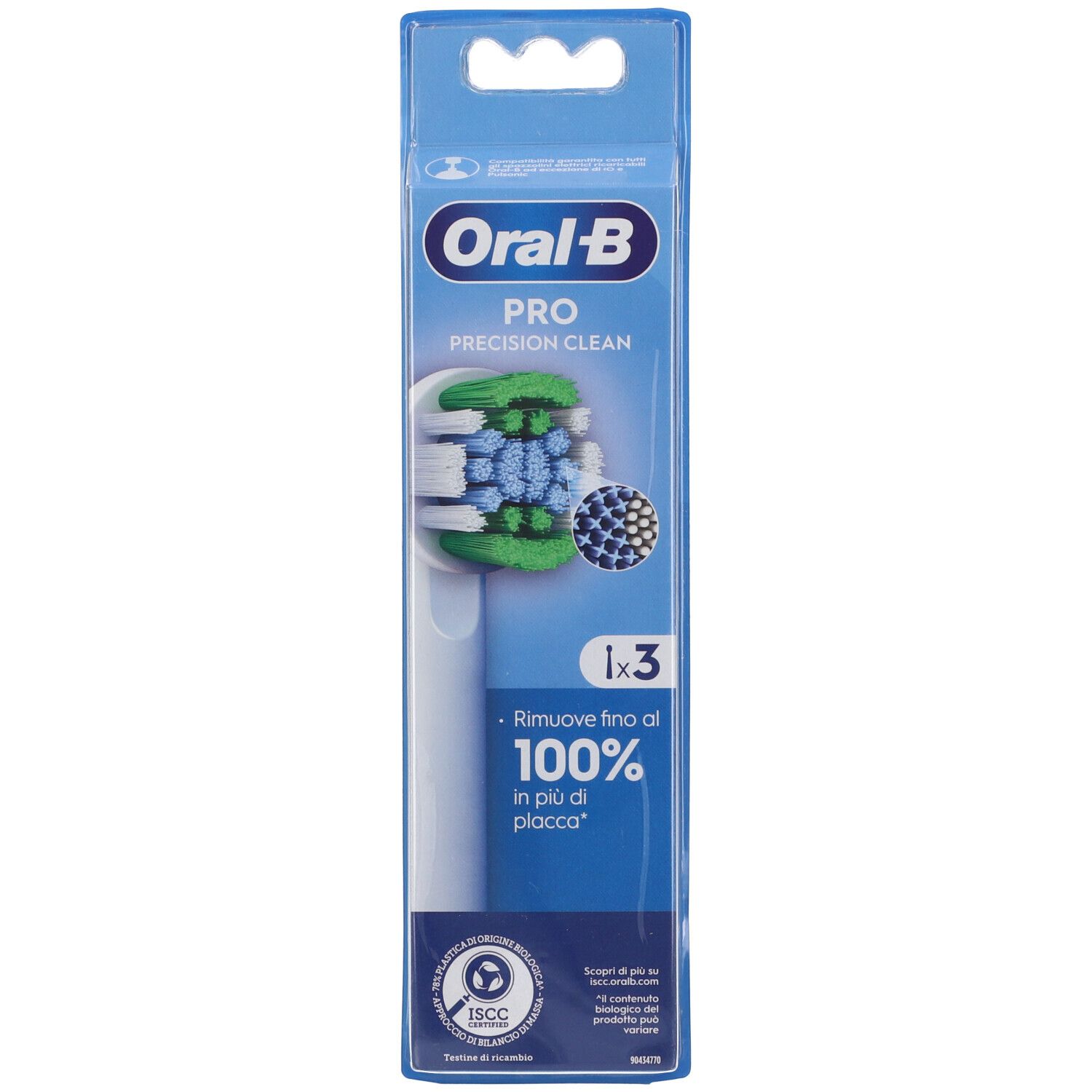 Testina Oral-B Pro Precision Clean in confezione. 3 pezzi. Setole blu, verdi e bianche. Certificazione ISCC.