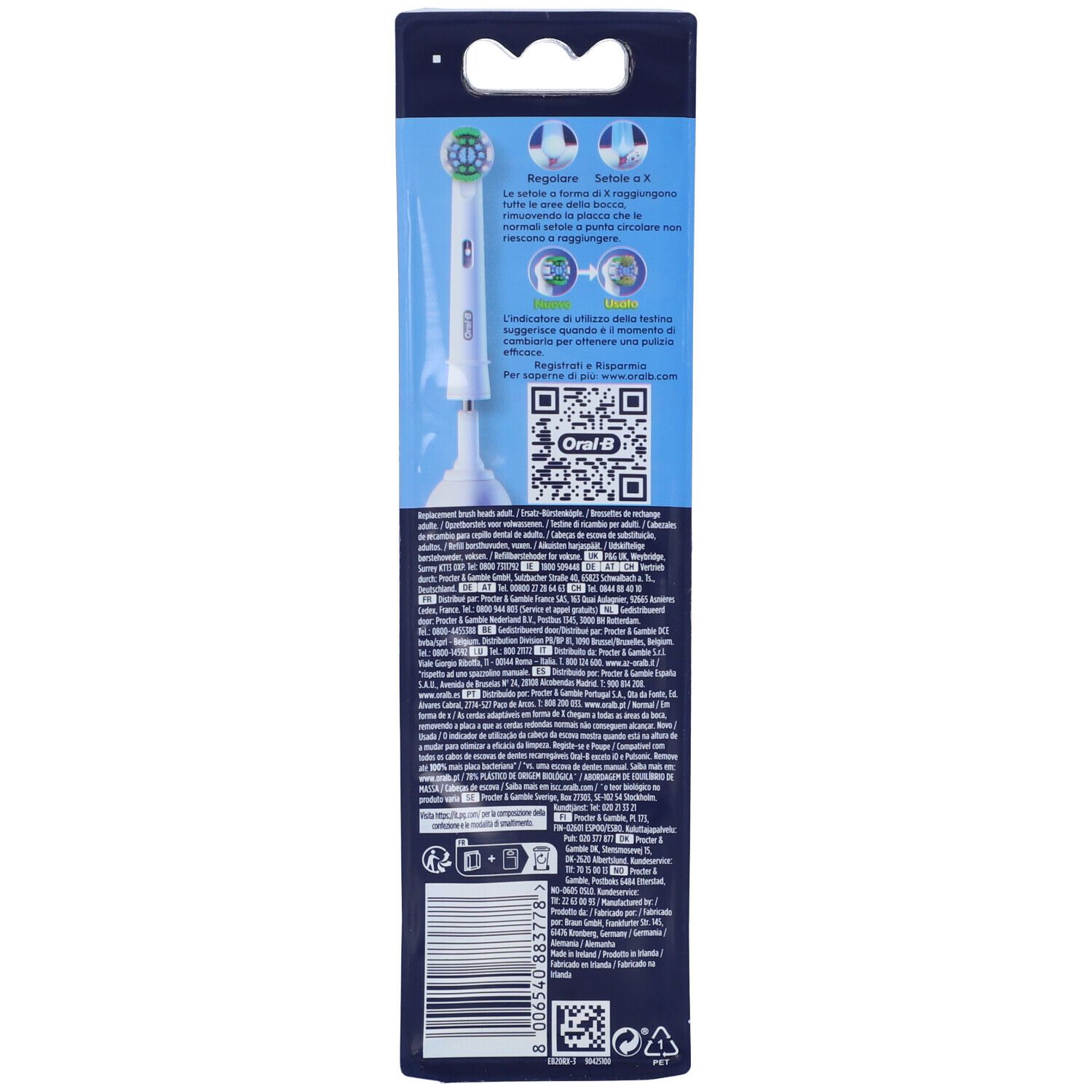 Retro della confezione. Oral-B Pro Precision Clean. Informazioni sul prodotto, codice QR, certificazioni e simboli di riciclaggio.