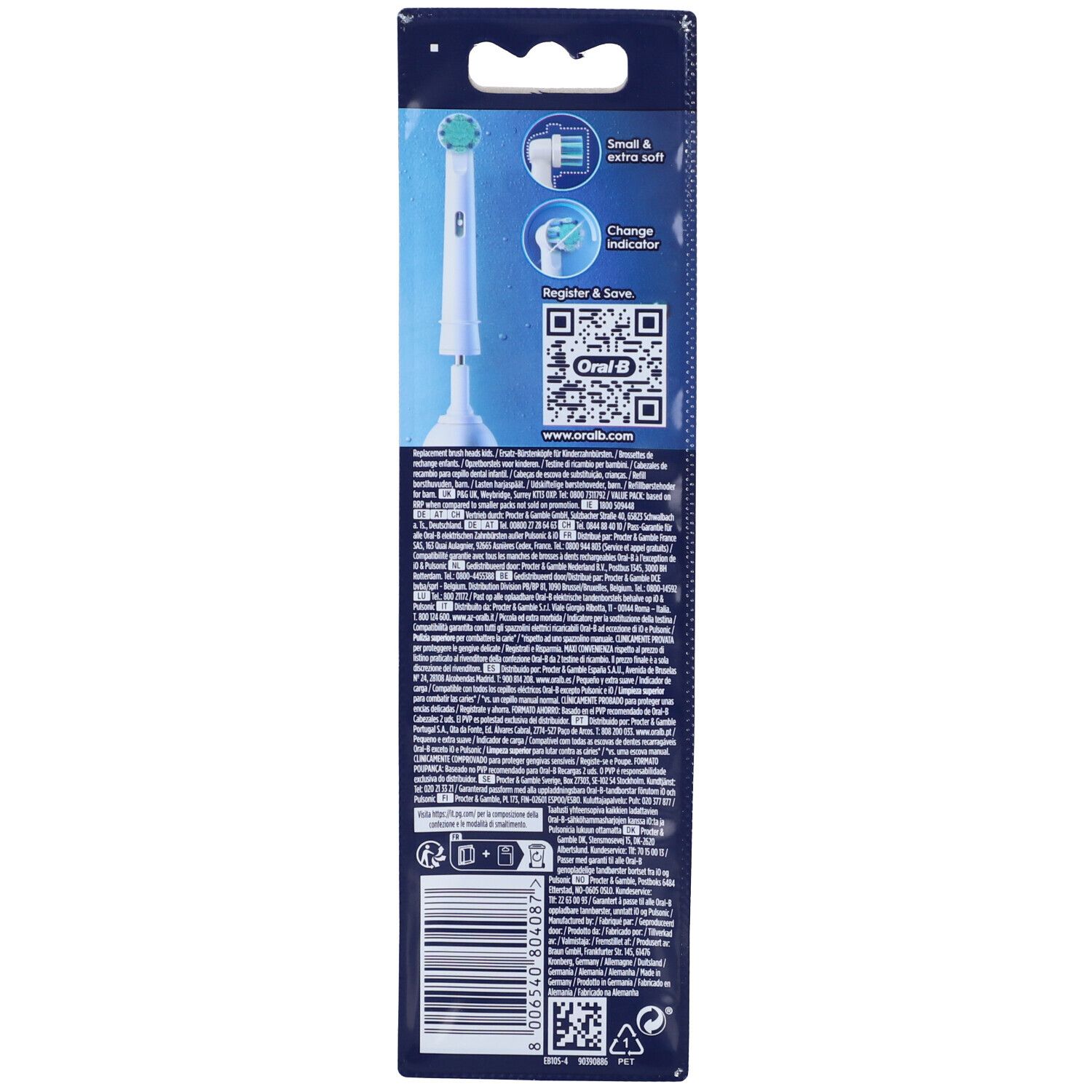 Retro della confezione testine Oral-B Pro Kids 3+. Informazioni prodotto e QR code. Illustrazione testina.