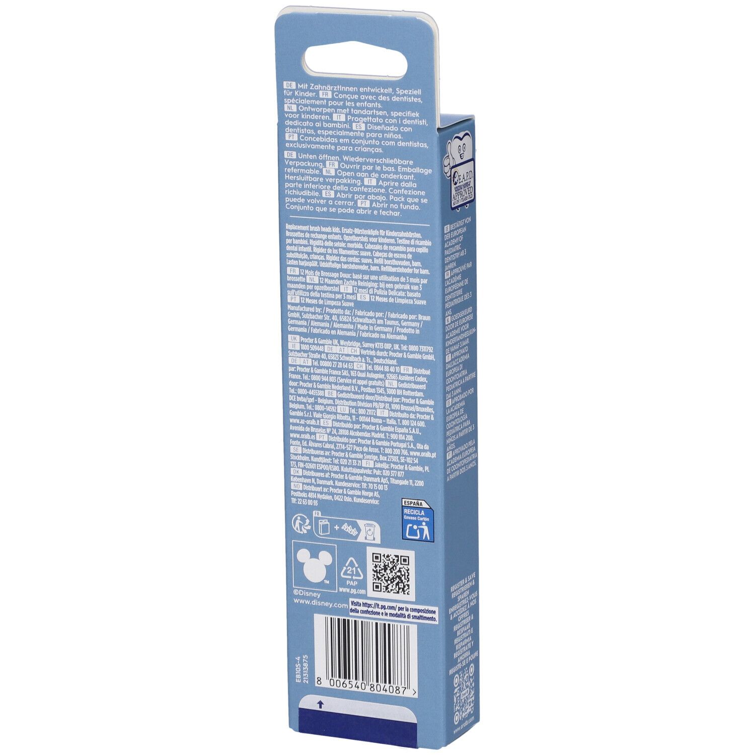 Verpackung eines oralen Pflegeprodukts mit mehrsprachigen Informationen und Disney-Logo.