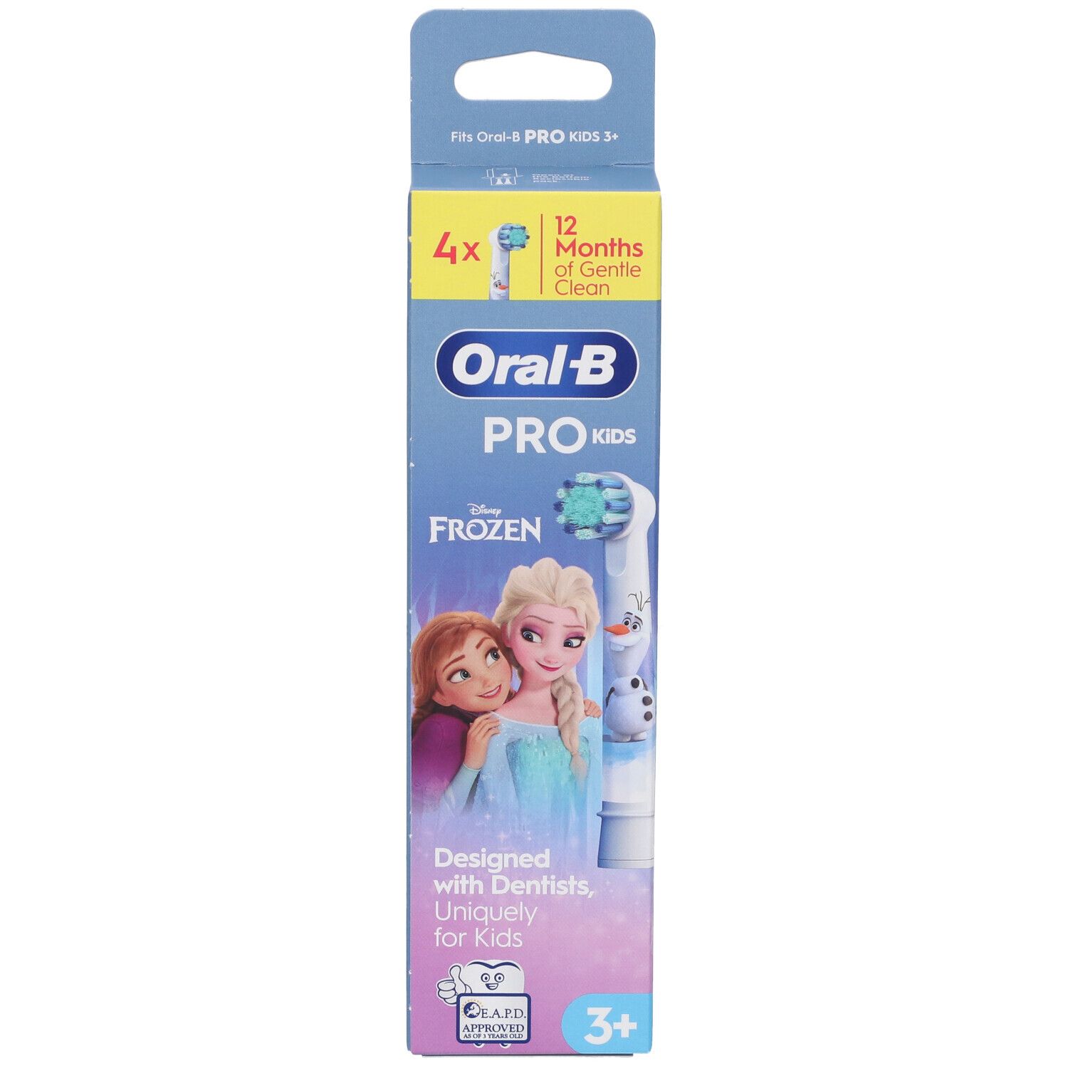 Verpackung mit 4 Oral-B PRO kids Frozen Aufsteckbürsten. Passend für Oral-B PRO KIDS 3+.