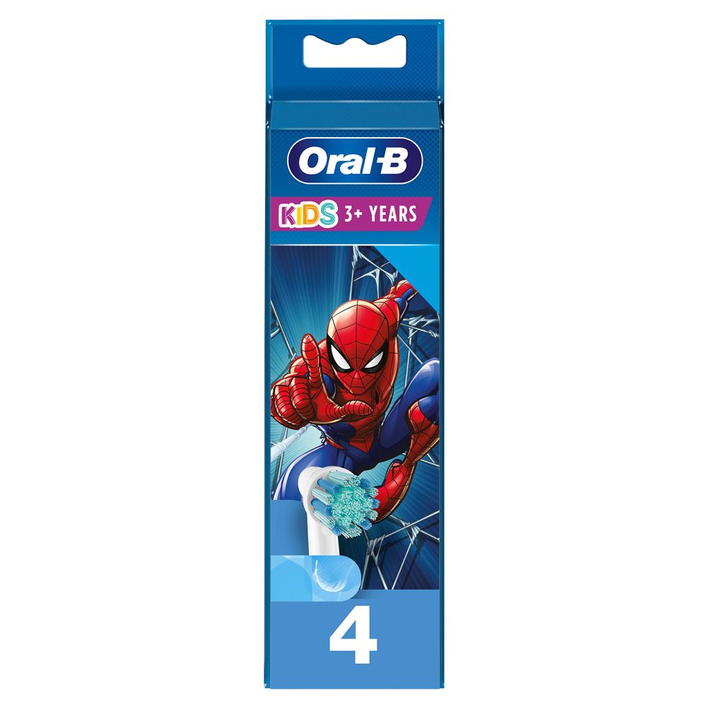 Confezione di 4 testine di ricambio per bambini. Illustrazioni di Spiderman e logo Oral-B.