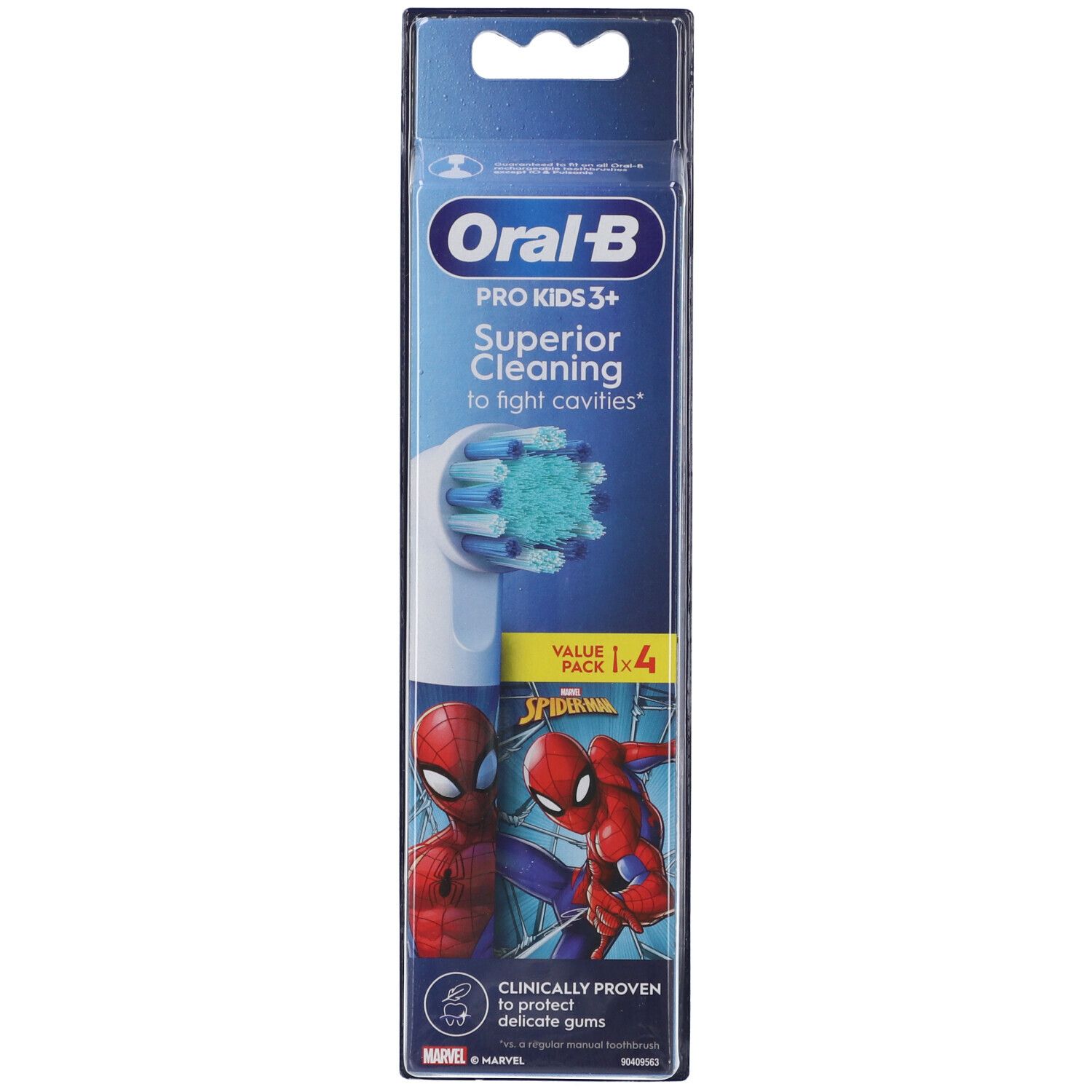 Confezione di 4 testine di ricambio per bambini. Illustrazioni di Spiderman e logo Oral-B.