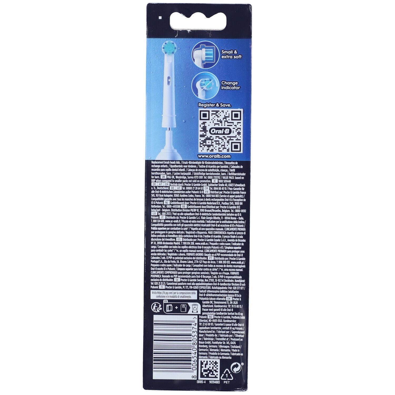 Retro della confezione con informazioni sulle testine di ricambio. Include codice QR e logo Oral-B.