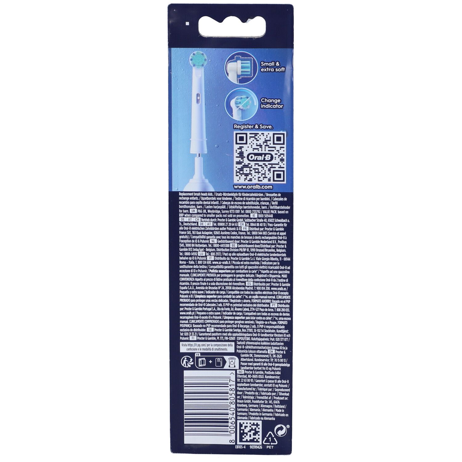 Retro della confezione con informazioni sul prodotto e codice QR. Testine con setole blu.