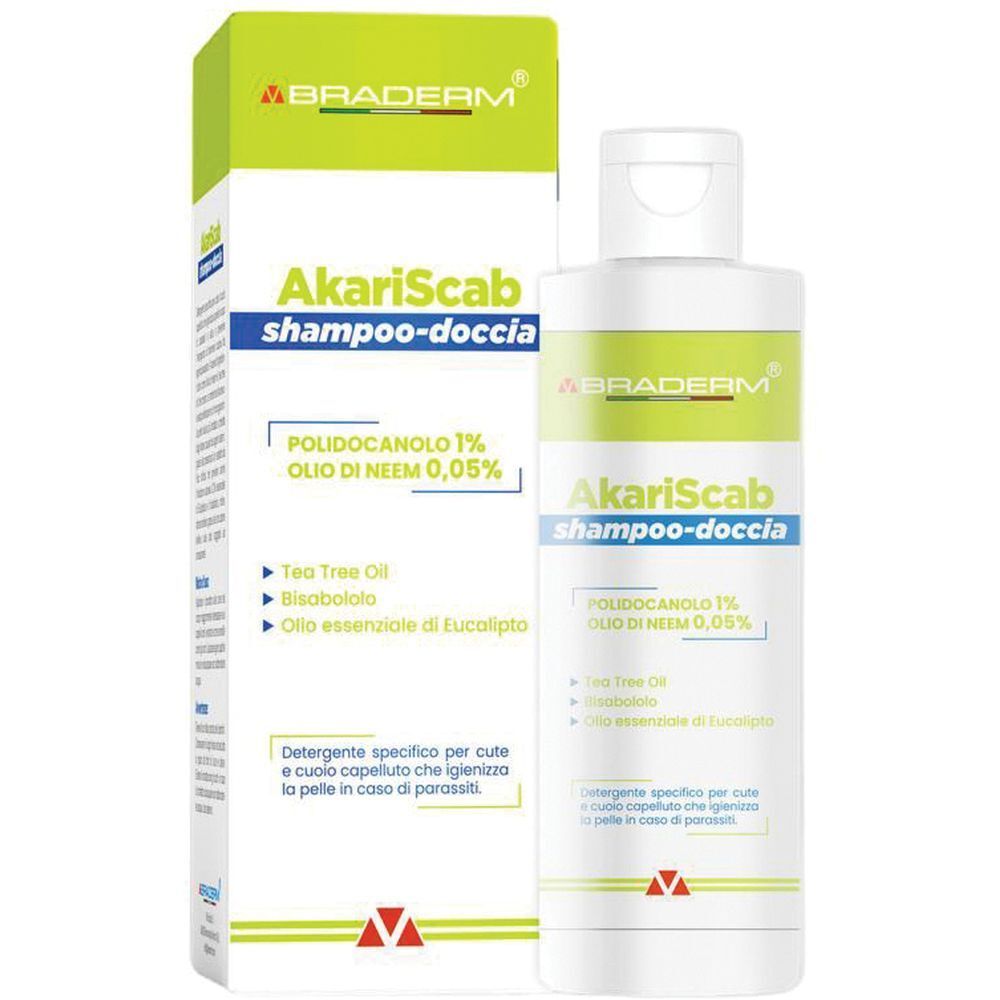 Flacone e confezione di Akariscab Shampoo Doccia. Confezione verde e bianca con nome del prodotto e ingredienti.