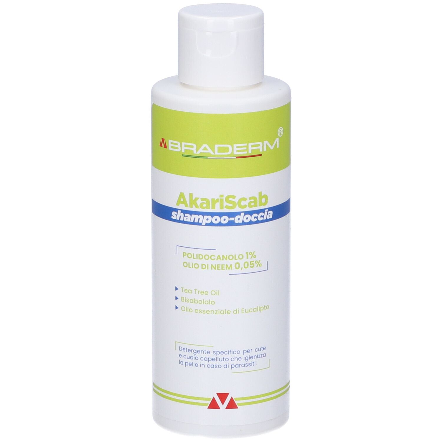 Flacone bianco Akariscab Shampoo Doccia con etichetta verde. Nome del prodotto, ingredienti e marchio visibili.