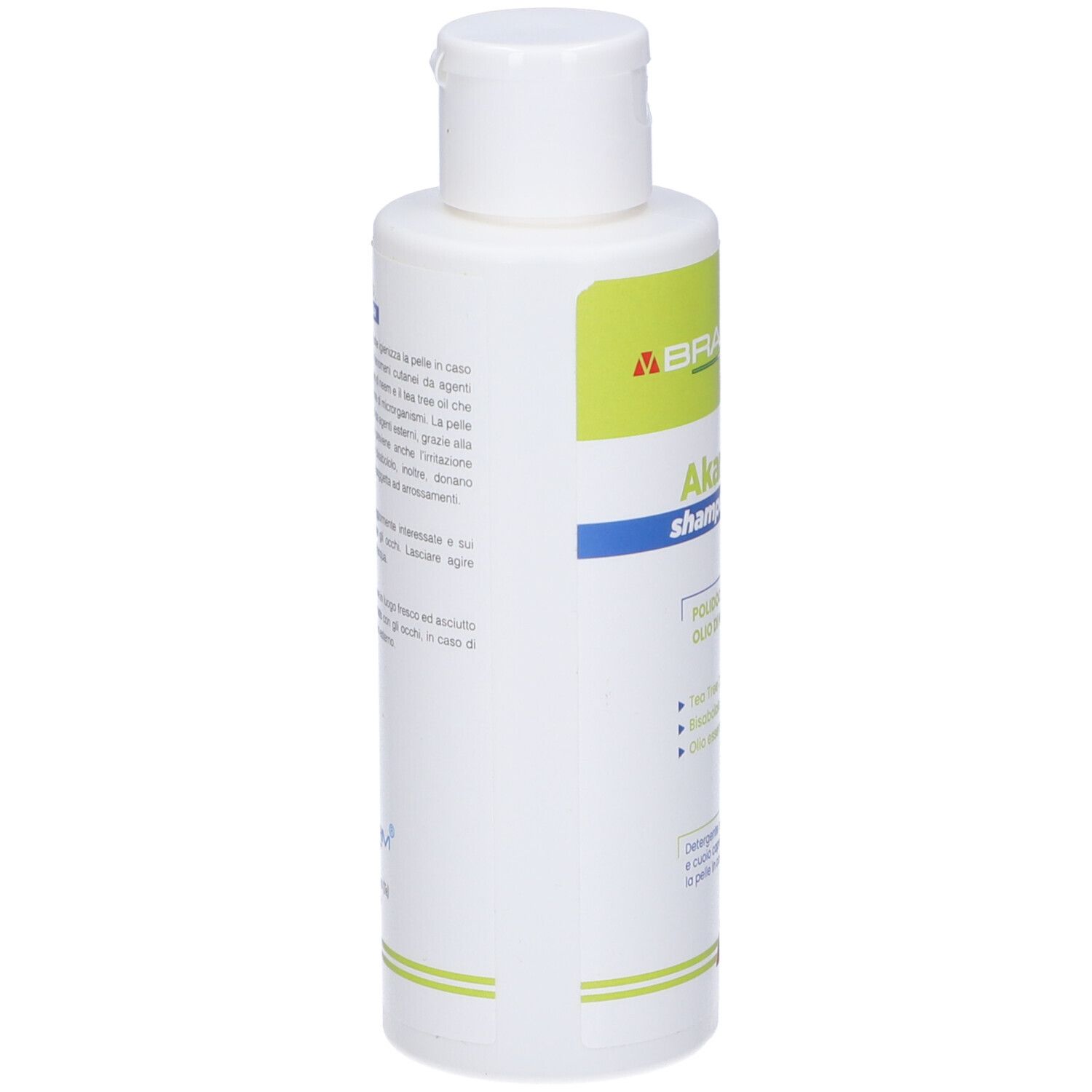 Flacone Akariscab Shampoo Doccia visto da dietro. Informazioni testuali sull'etichetta, inclusi gli ingredienti.