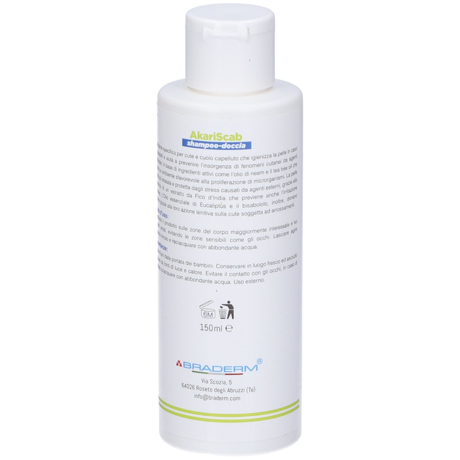 Flacone Akariscab Shampoo Doccia visto da dietro. Informazioni testuali sull'etichetta, inclusi gli ingredienti.
