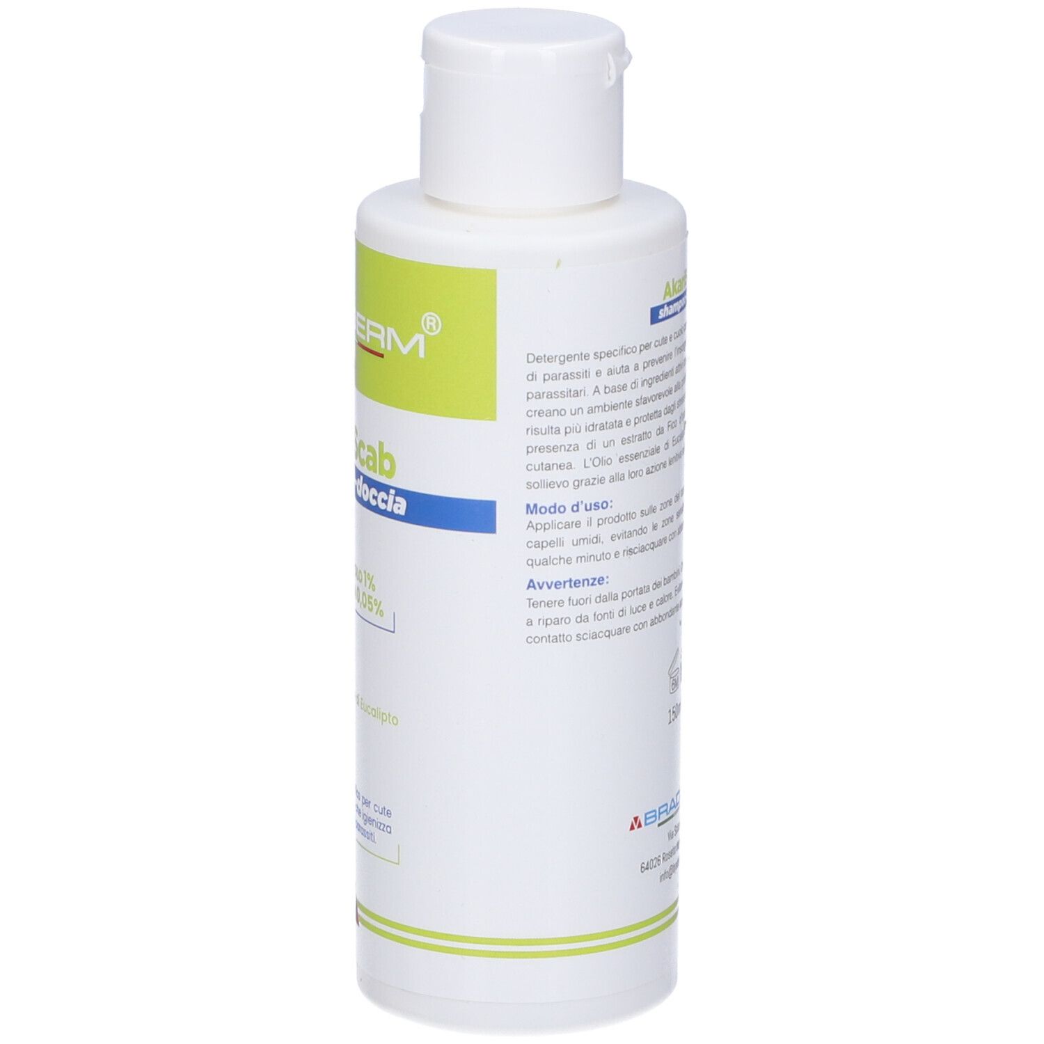 Flacone bianco Akariscab Shampoo Doccia con etichetta verde. Nome del prodotto, ingredienti e marchio visibili.