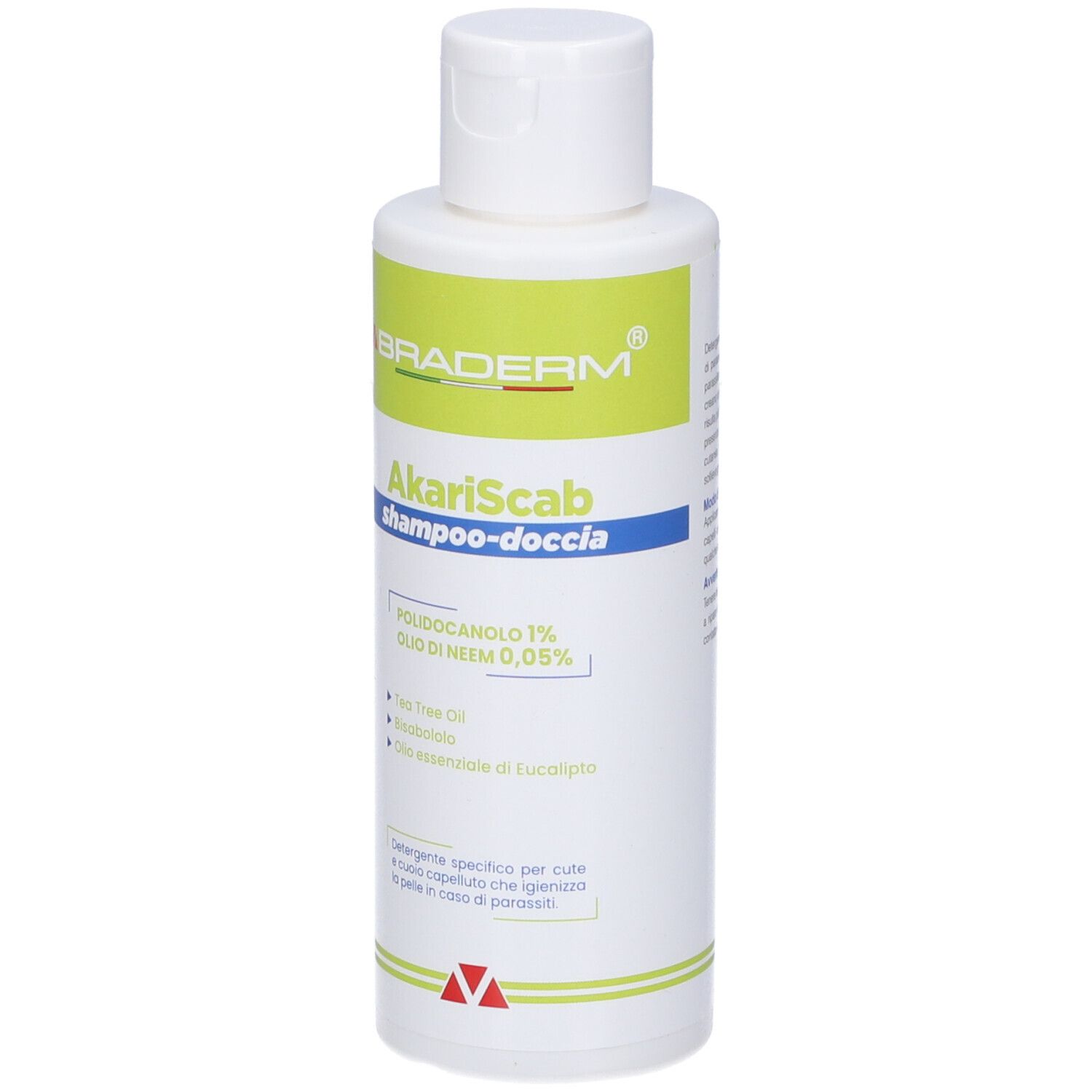 Flacone bianco Akariscab Shampoo Doccia con etichetta verde. Nome del prodotto, ingredienti e marchio visibili.