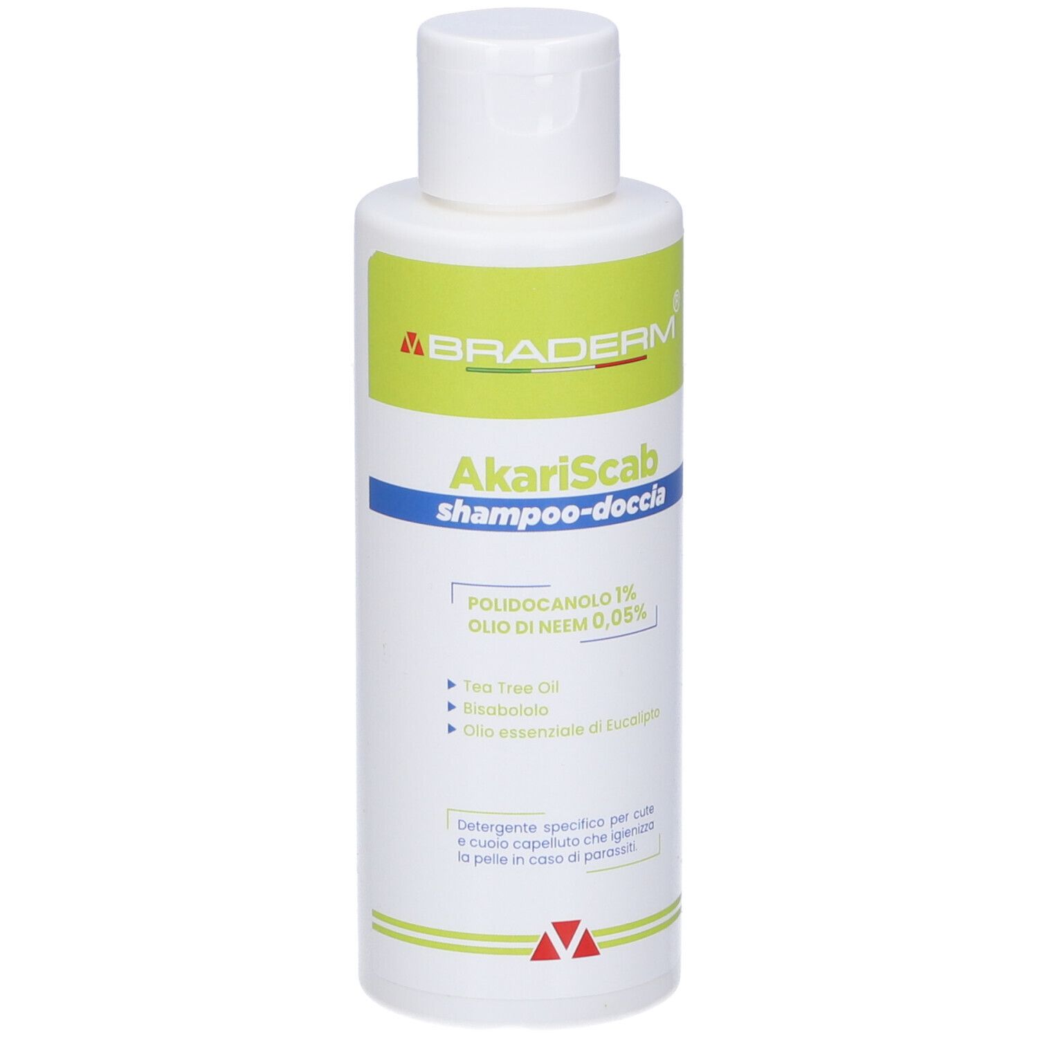 Flacone bianco Akariscab Shampoo Doccia con etichetta verde. Nome del prodotto, ingredienti e marchio visibili.
