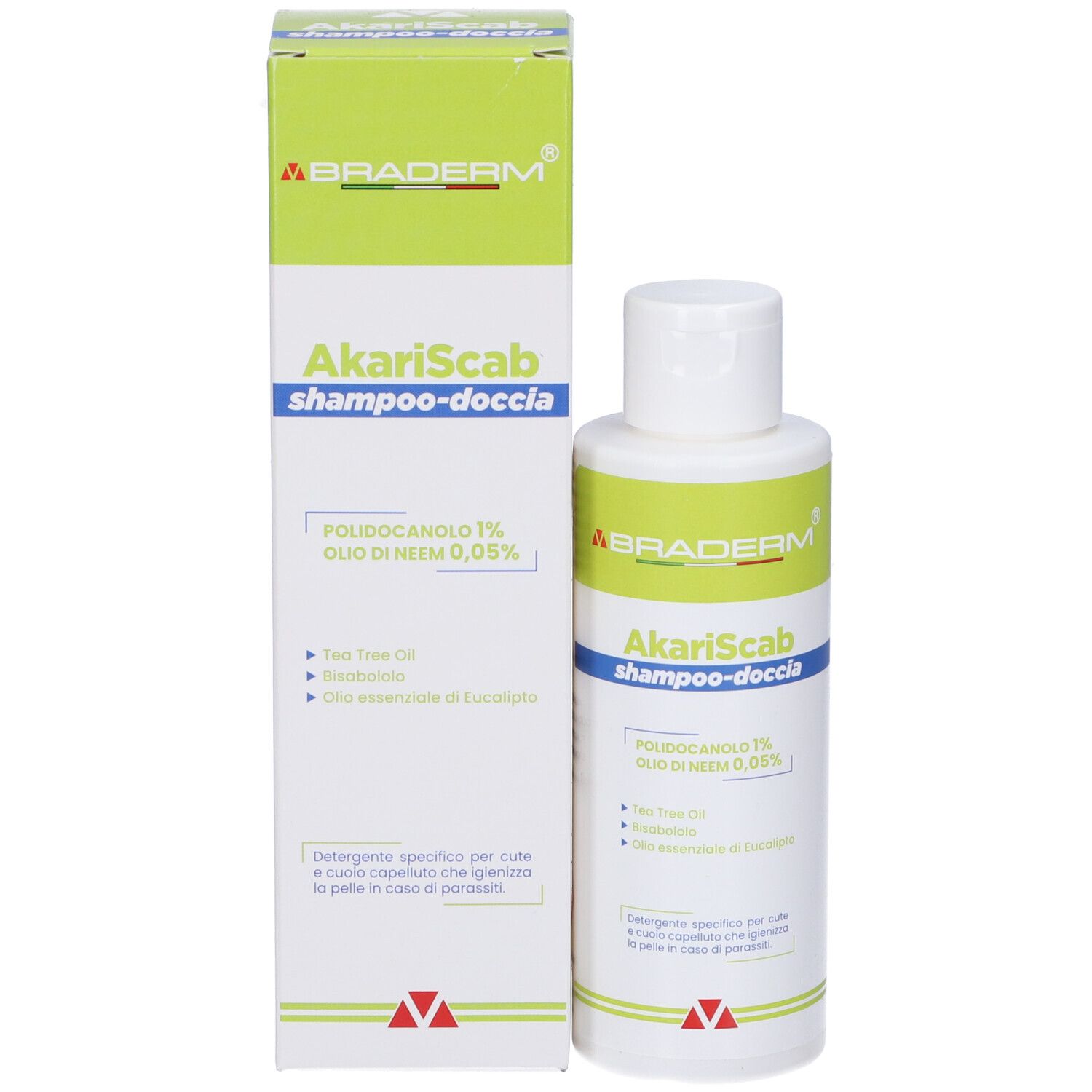 Flacone e confezione di Akariscab Shampoo Doccia. Confezione verde e bianca con nome del prodotto e ingredienti.