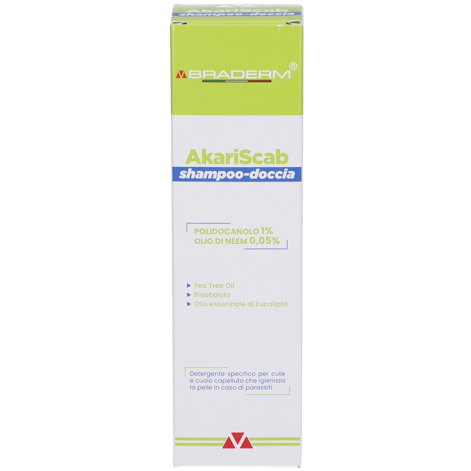 Confezione di Akariscab Shampoo Doccia. Confezione verde e bianca con nome del prodotto e ingredienti.