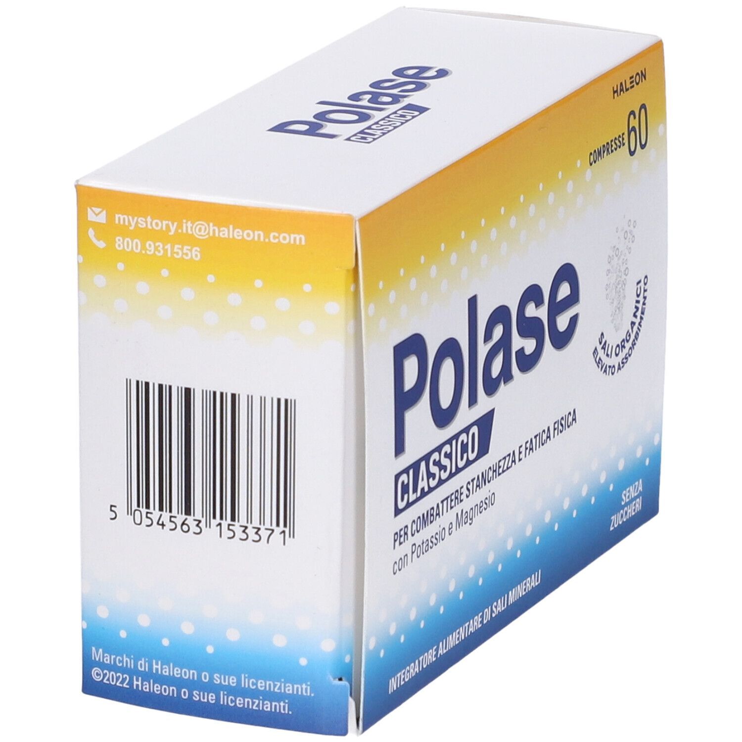 Scatola POLASE Compresse. Codice a barre e nome del prodotto. Contiene 60 compresse. Confezione giallo-bianca.