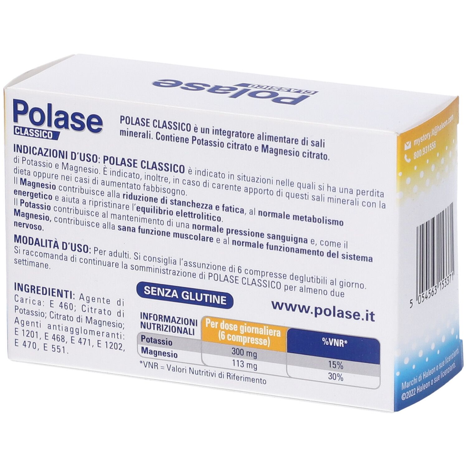 Scatola POLASE Compresse. Contiene informazioni sugli ingredienti e i valori nutrizionali. Confezione bianca.