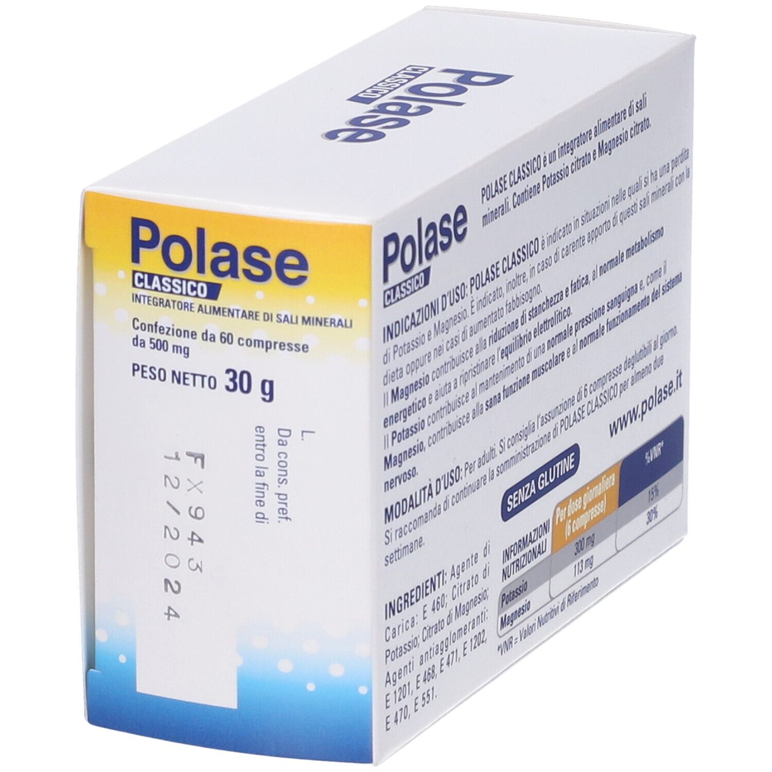 Scatola POLASE Compresse. Contiene informazioni sugli ingredienti e i valori nutrizionali. Confezione bianca.