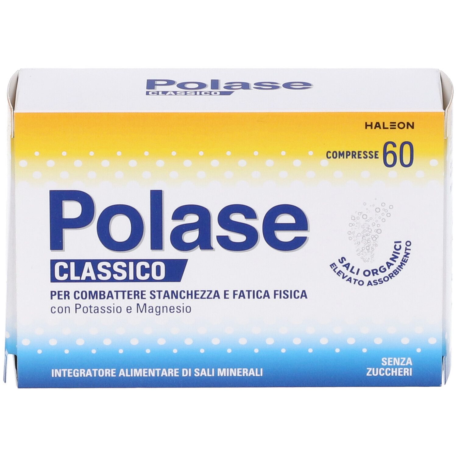 Scatola di POLASE Compresse. Scritto 'Polase Classico'. Contiene 60 compresse. Confezione giallo-bianca.