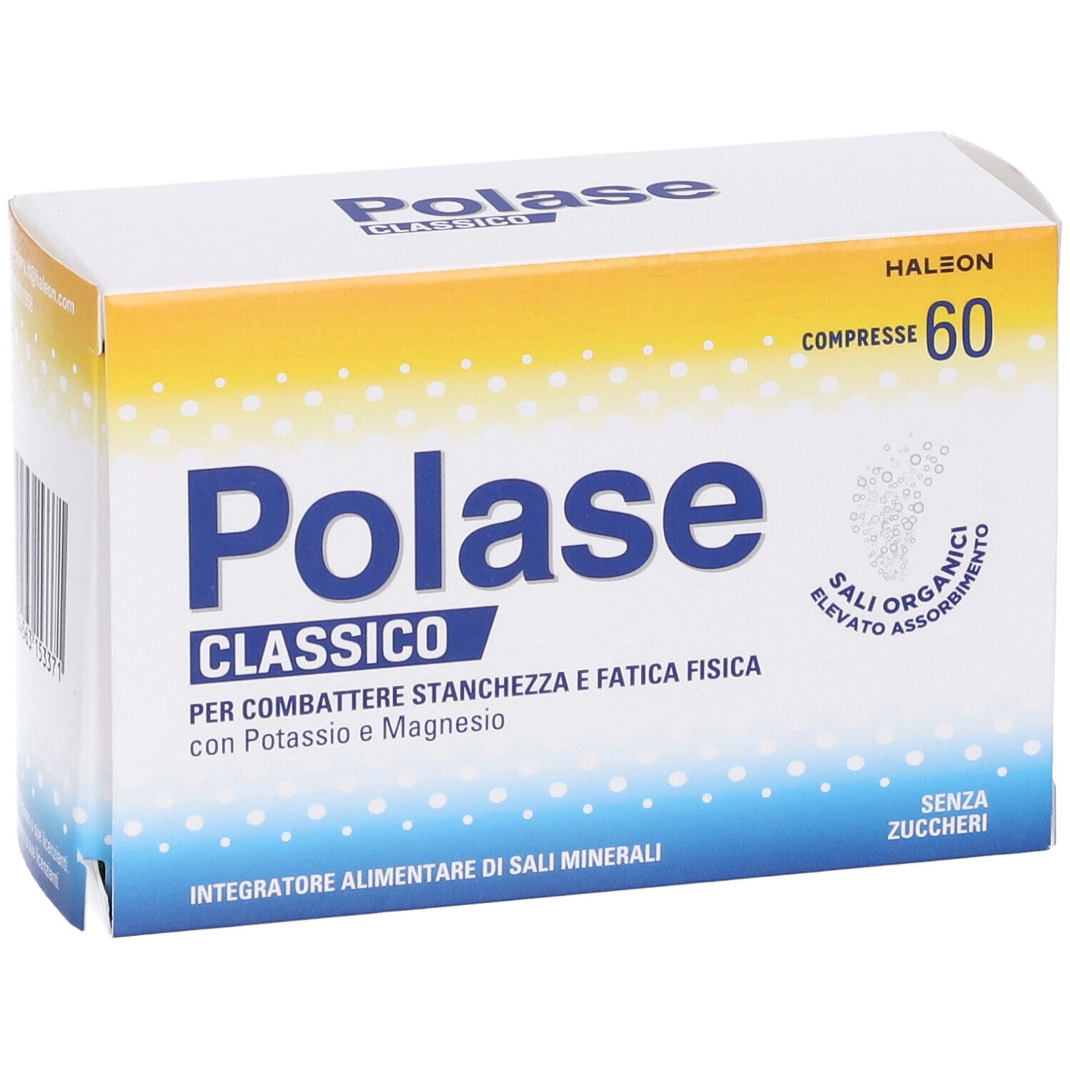Scatola di POLASE Compresse. Scritto 'Polase Classico'. Contiene 60 compresse. Confezione giallo-bianca.