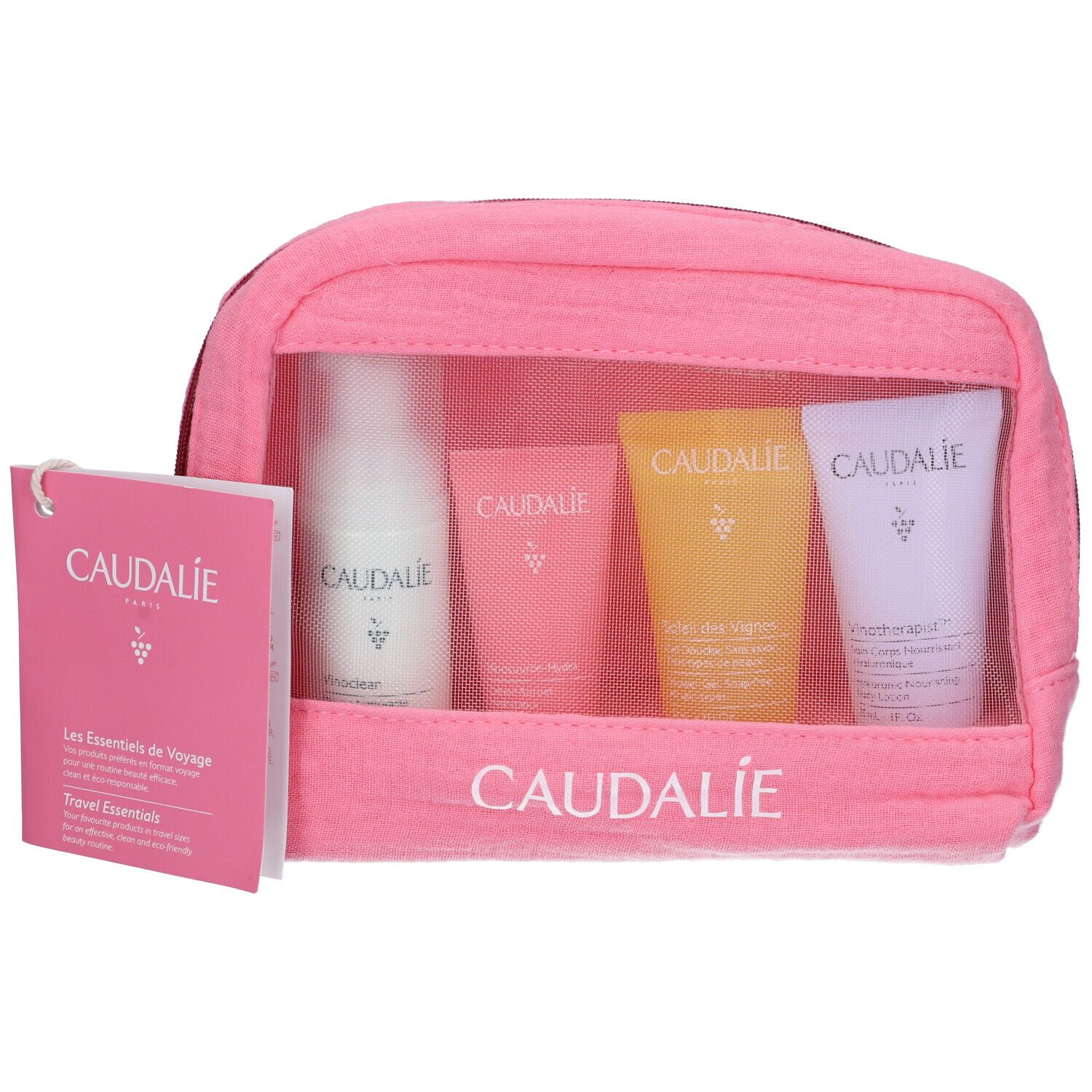 Pochette cosmetica rosa con inserto trasparente. Contiene quattro tubetti e un'etichetta con logo.