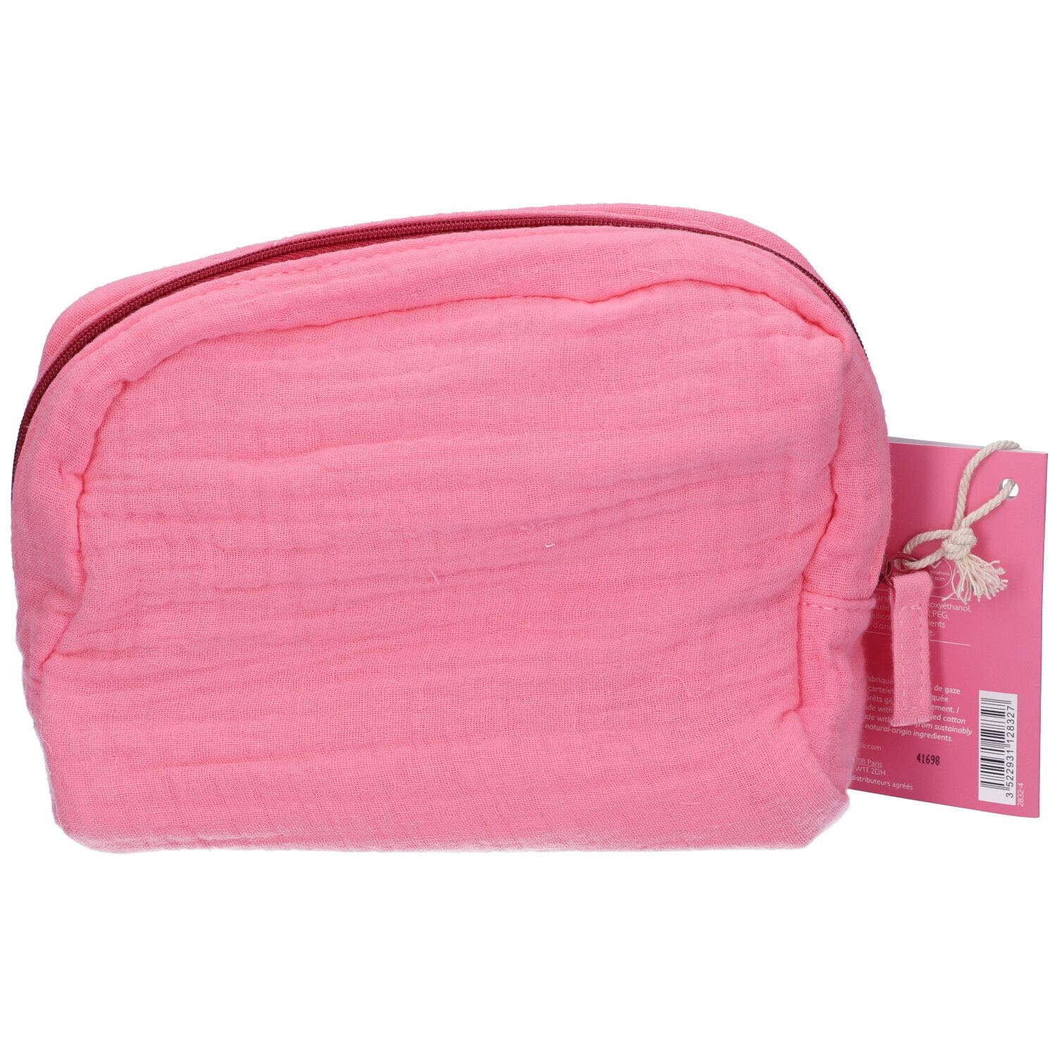 Pochette cosmetica rosa con cerniera ed etichetta. Il prodotto è chiuso.