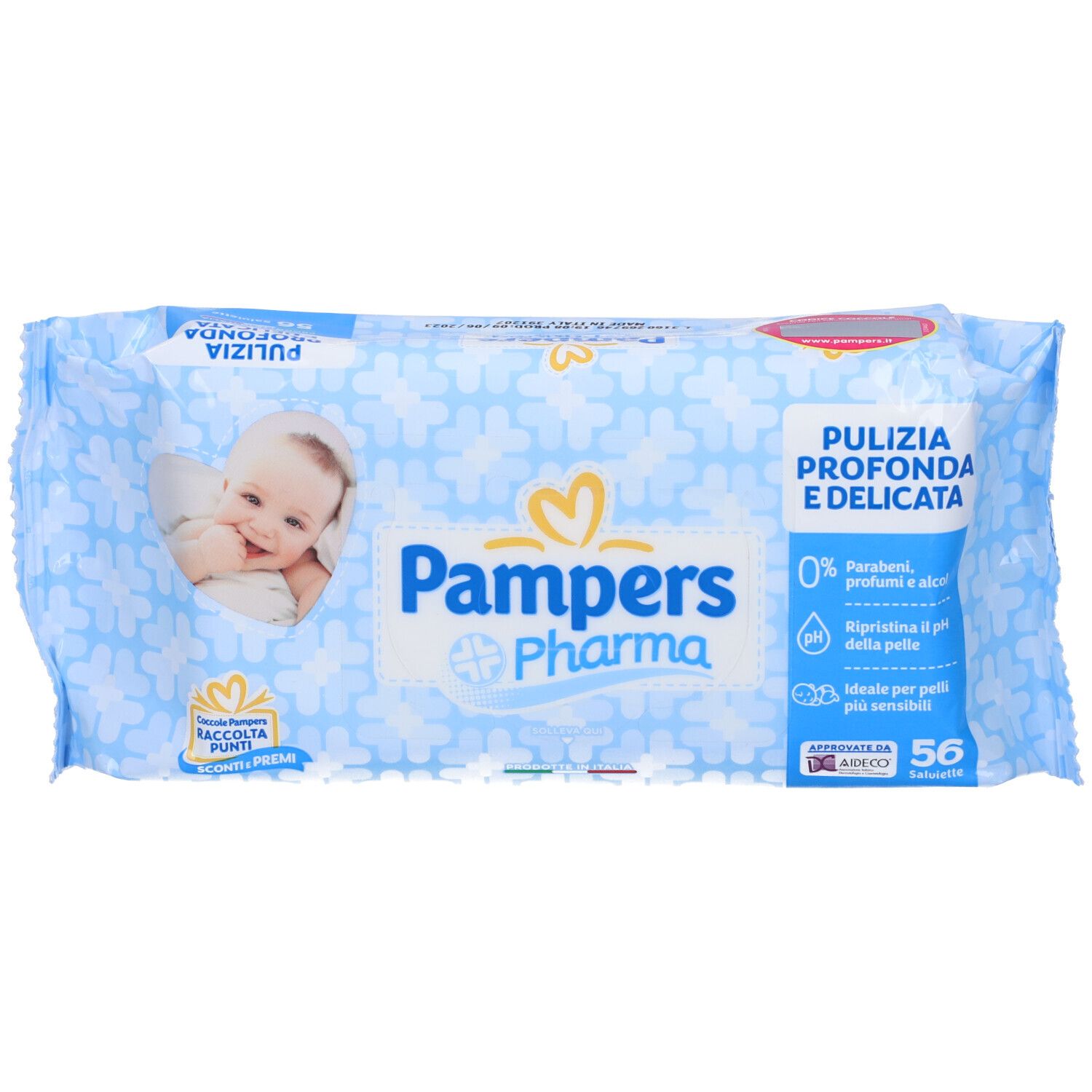 Confezione di salviette Pampers Pharma. Viso di bambino, confezione blu, testo: Pulizia Profonda e Delicata, 56 salviette.