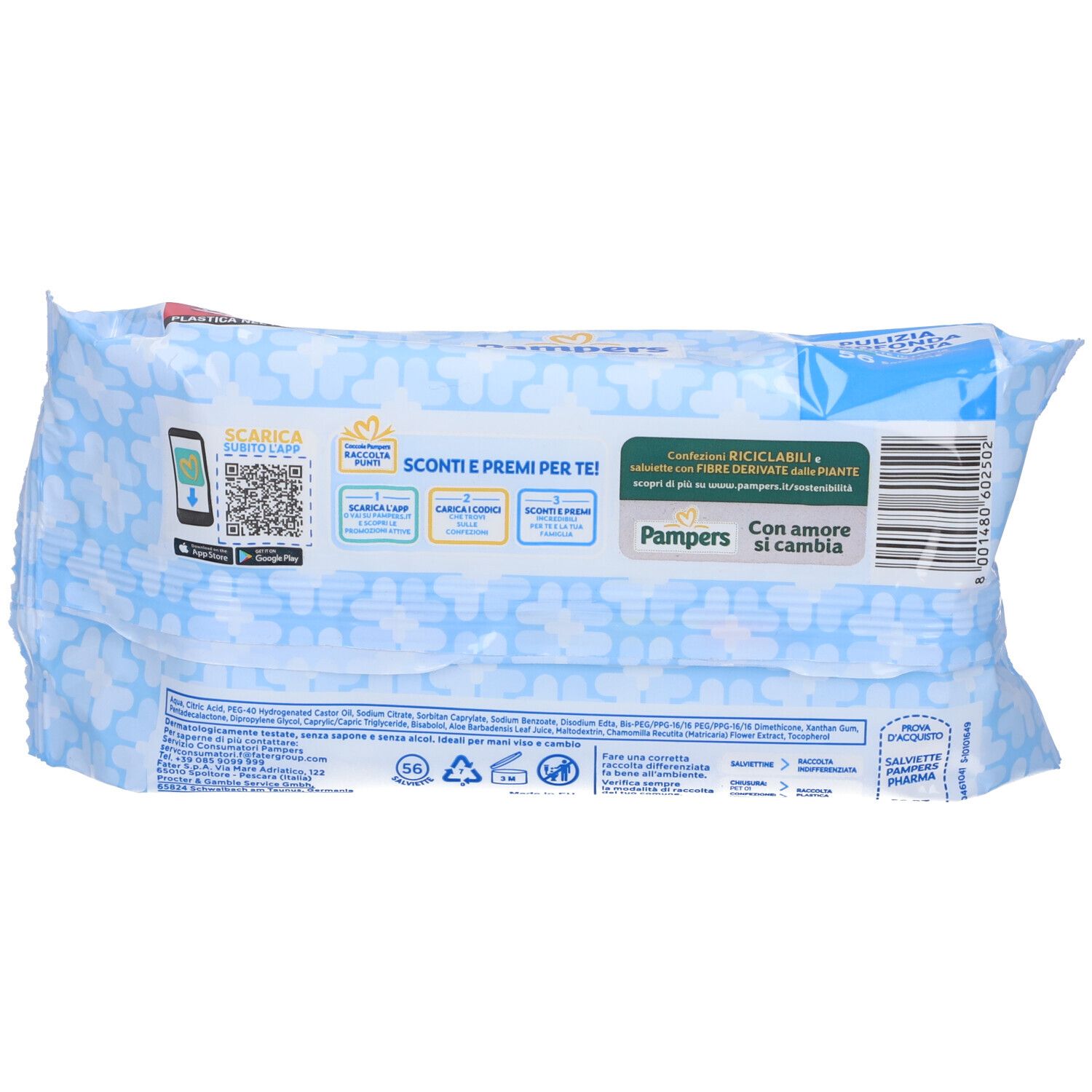 Retro della confezione di salviette Pampers Pharma. Testo e codice QR. Contiene materiali riciclabili.