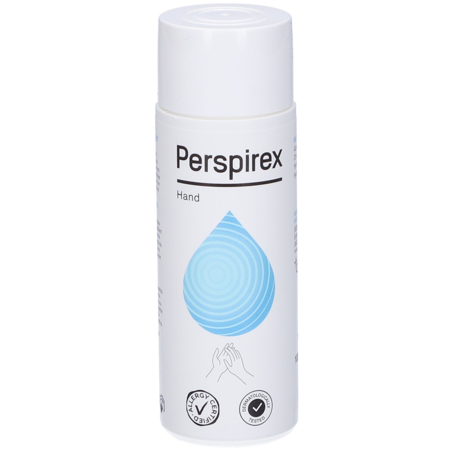 Perspirex Hand Lotion. Flacone bianco con goccia blu. Testato per allergie e dermatologicamente.
