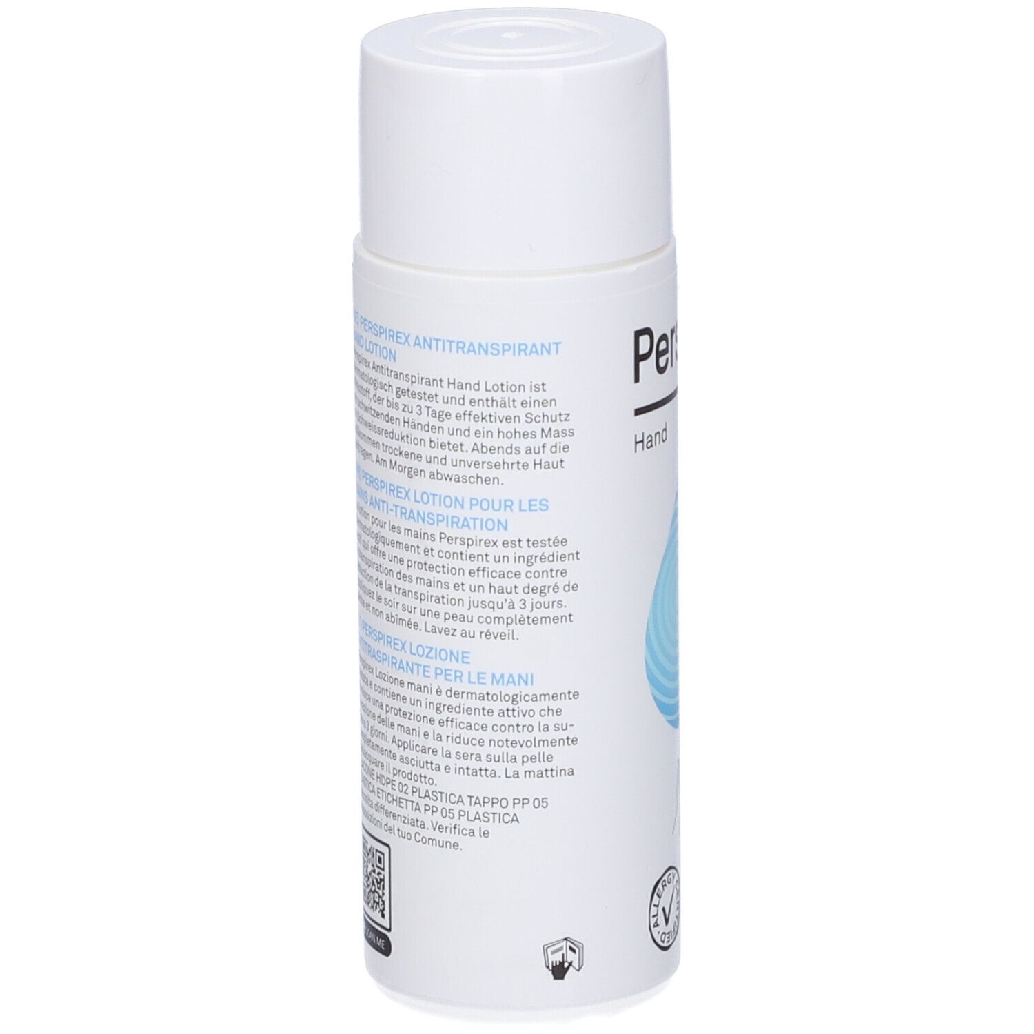 Perspirex Hand Lotion. Flacone bianco con testo. Testato per allergie e dermatologicamente. Informazioni.