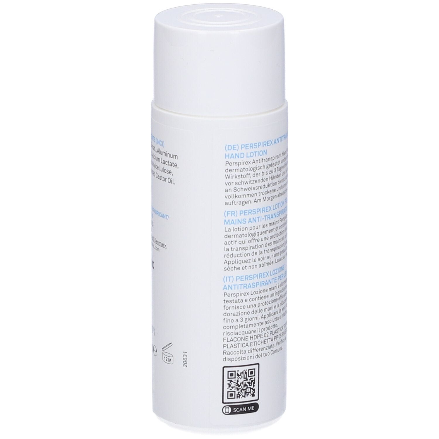 Perspirex Hand Lotion. Flacone bianco con testo. Codice QR e informazioni. Ingredienti e produttore.