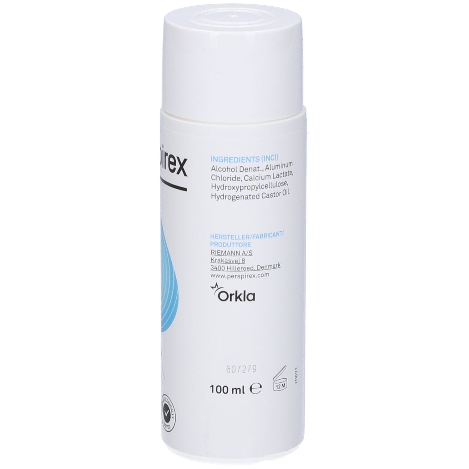 Perspirex Hand Lotion. Flacone bianco con testo. Ingredienti e produttore. 100 ml.