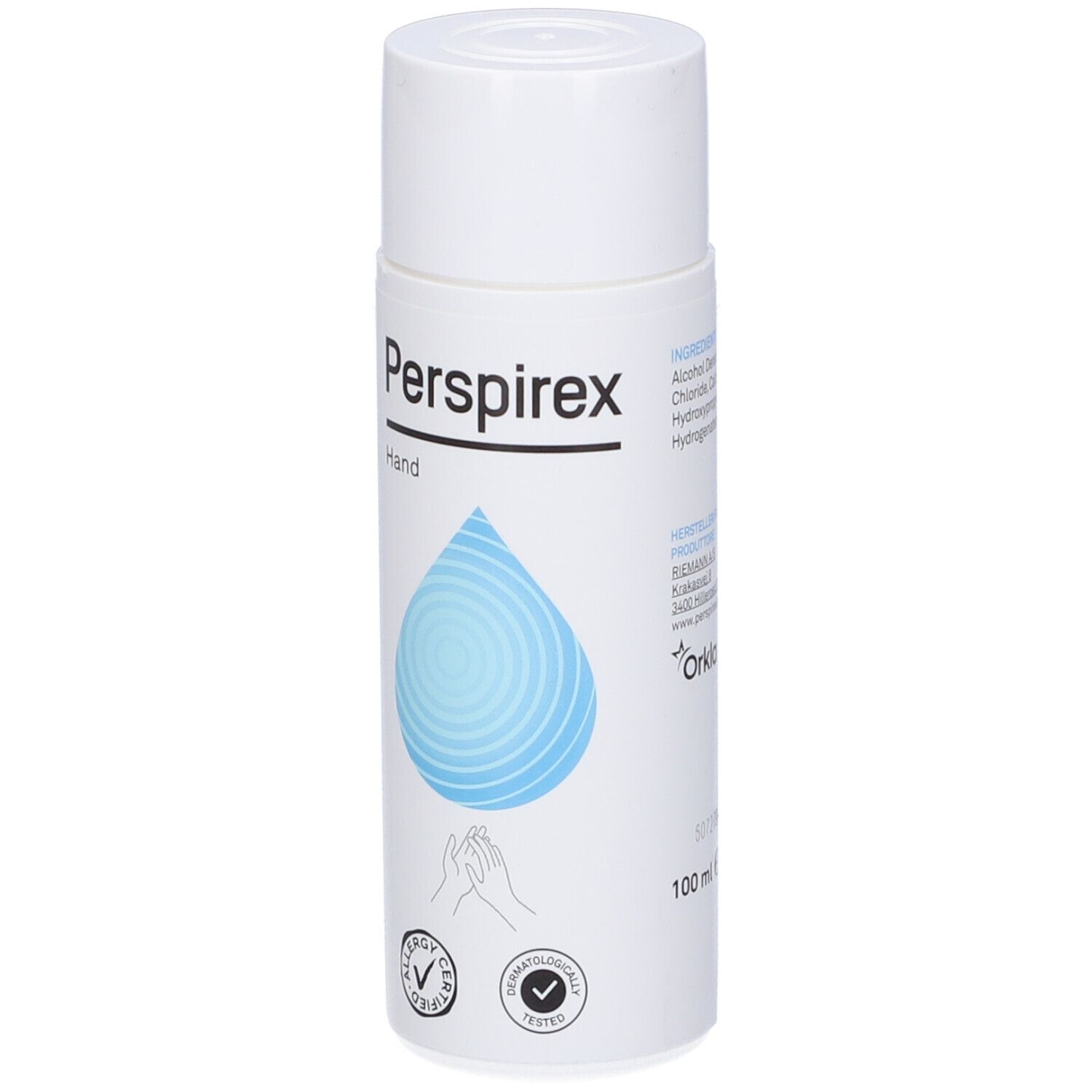 Perspirex Hand Lotion. Flacone bianco con goccia blu. Testato per allergie e dermatologicamente.