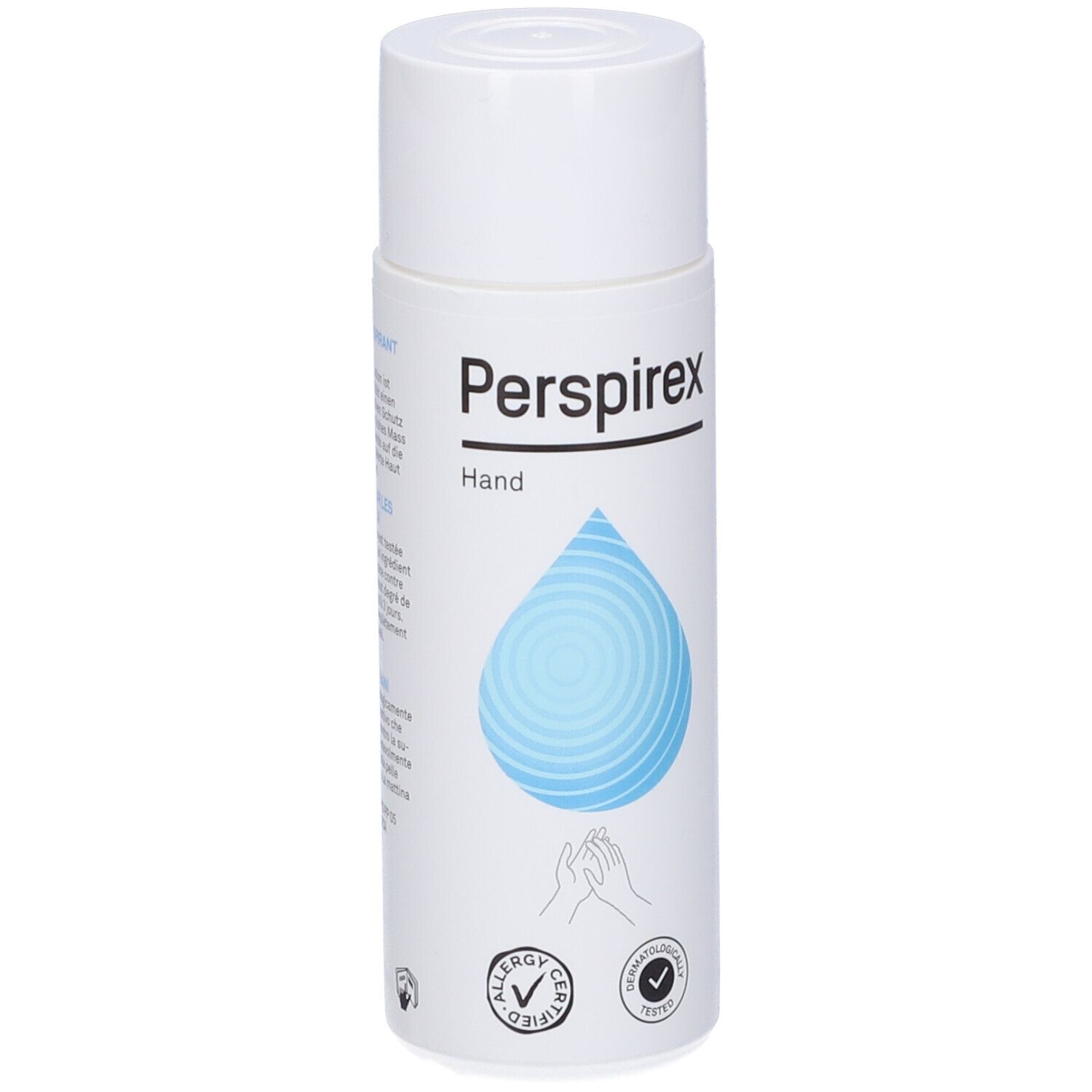 Perspirex Hand Lotion. Flacone bianco con goccia blu. Testato per allergie e dermatologicamente.