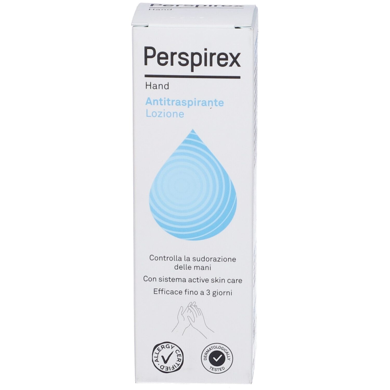 Confezione Perspirex Hand Lotion. Scatola bianca con testo. Testato per allergie e dermatologicamente.