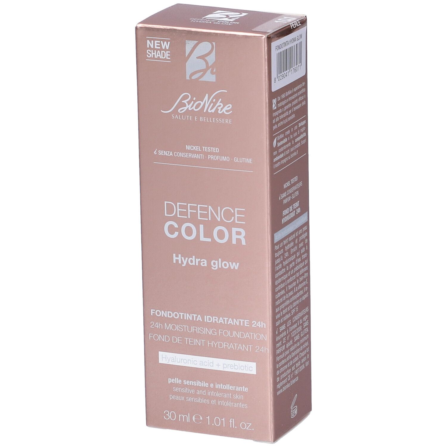 Scatola BioNike Defence Color Hydra Glow Fondotinta Idratante 24h. Informazioni prodotto e logo su sfondo rosa.