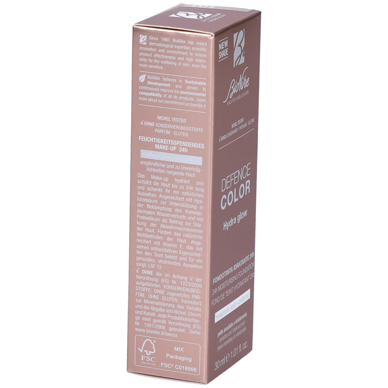 Lato scatola BioNike Defence Color Hydra Glow Fondotinta Idratante 24h. Testo e logo.