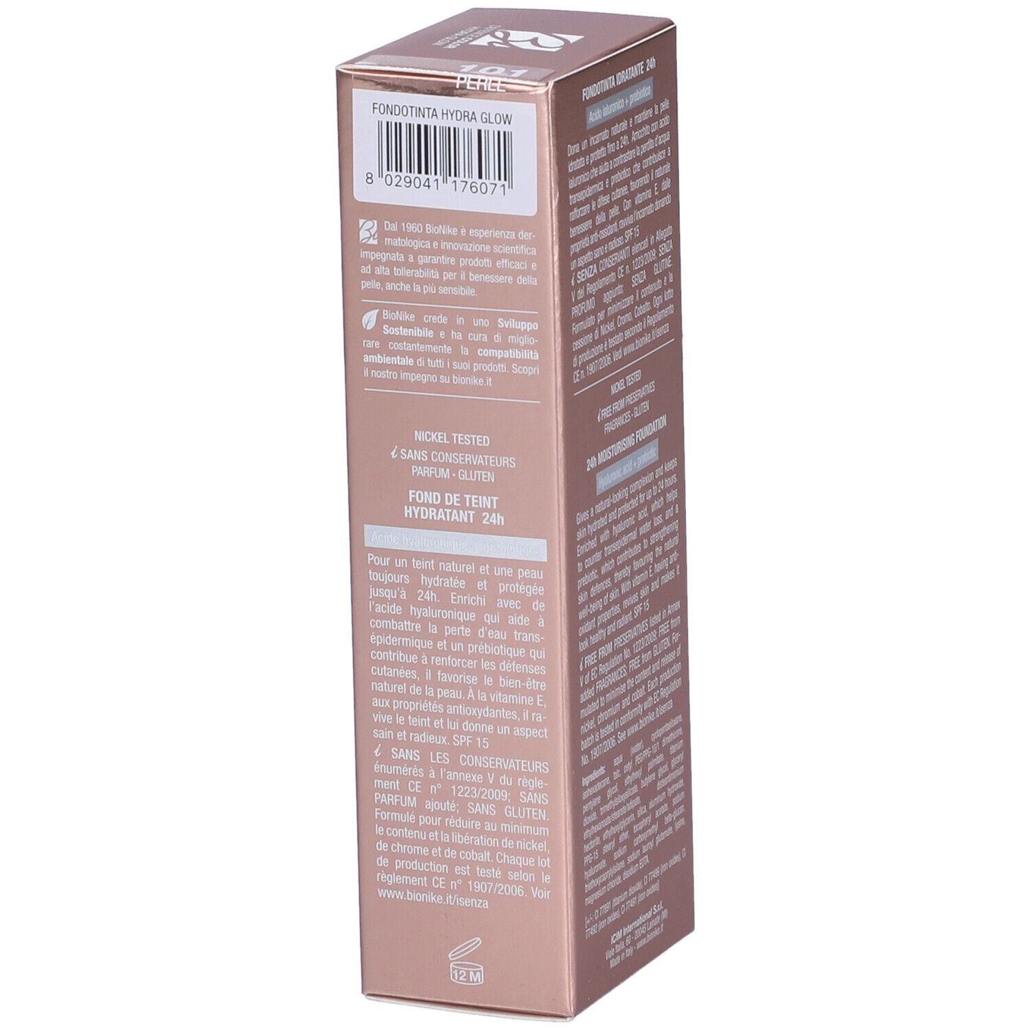 Retro scatola BioNike Defence Color Hydra Glow Fondotinta Idratante 24h. Informazioni prodotto.