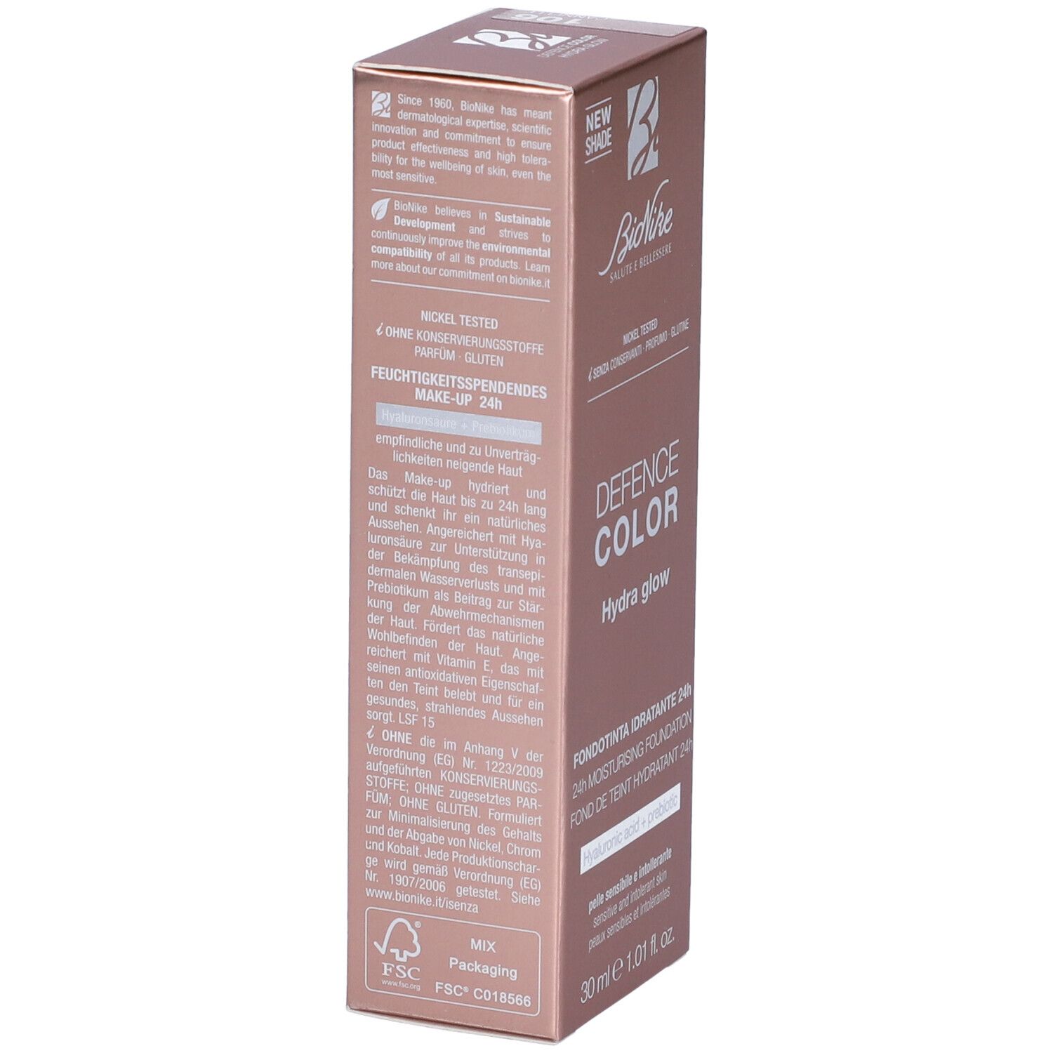 Confezione rosa dorato BioNike Defence Color Hydra Glow Fondotinta Idratante 24h. Testo e logo visibili.