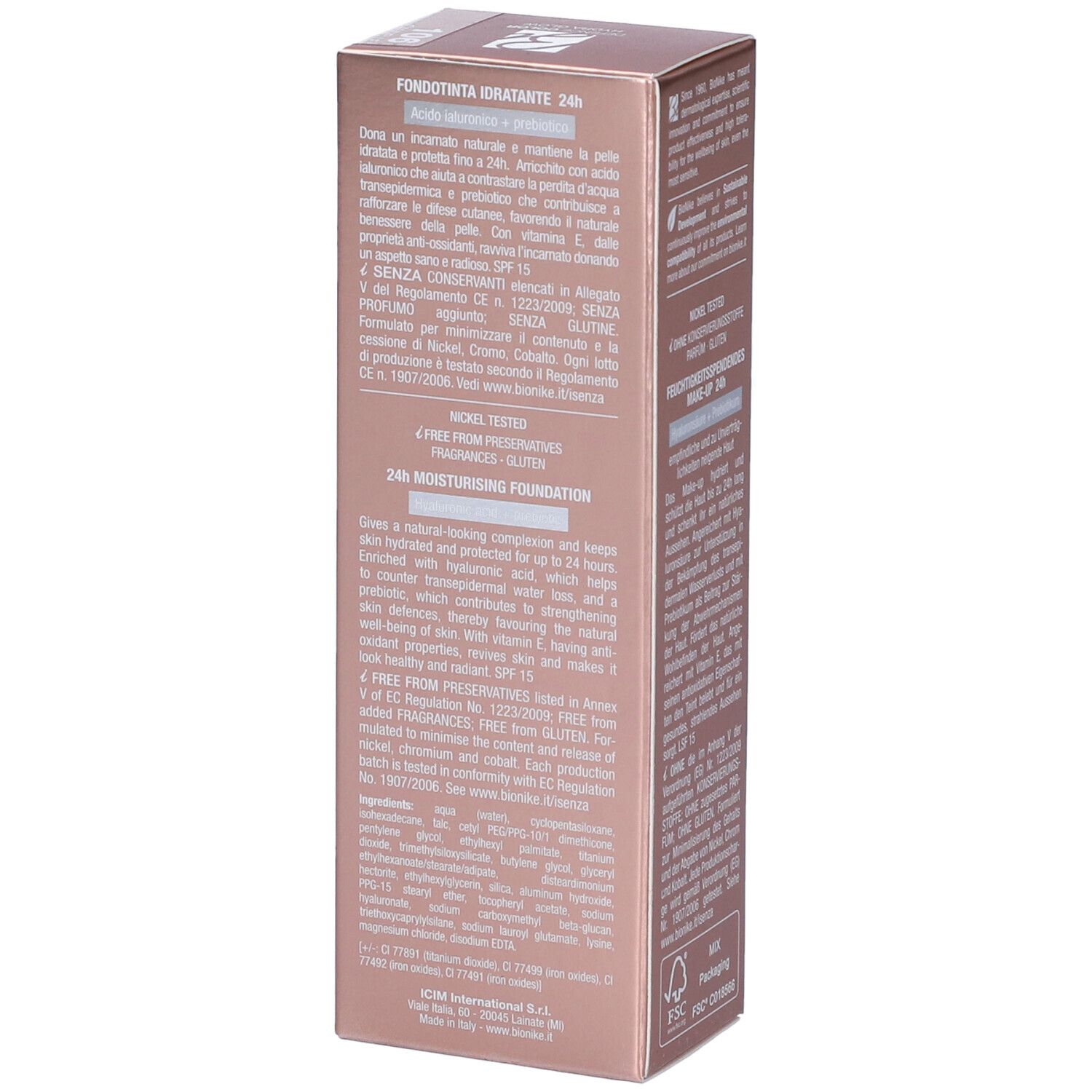 Confezione rosa dorato BioNike Defence Color Hydra Glow Fondotinta Idratante 24h. Testo e logo visibili.