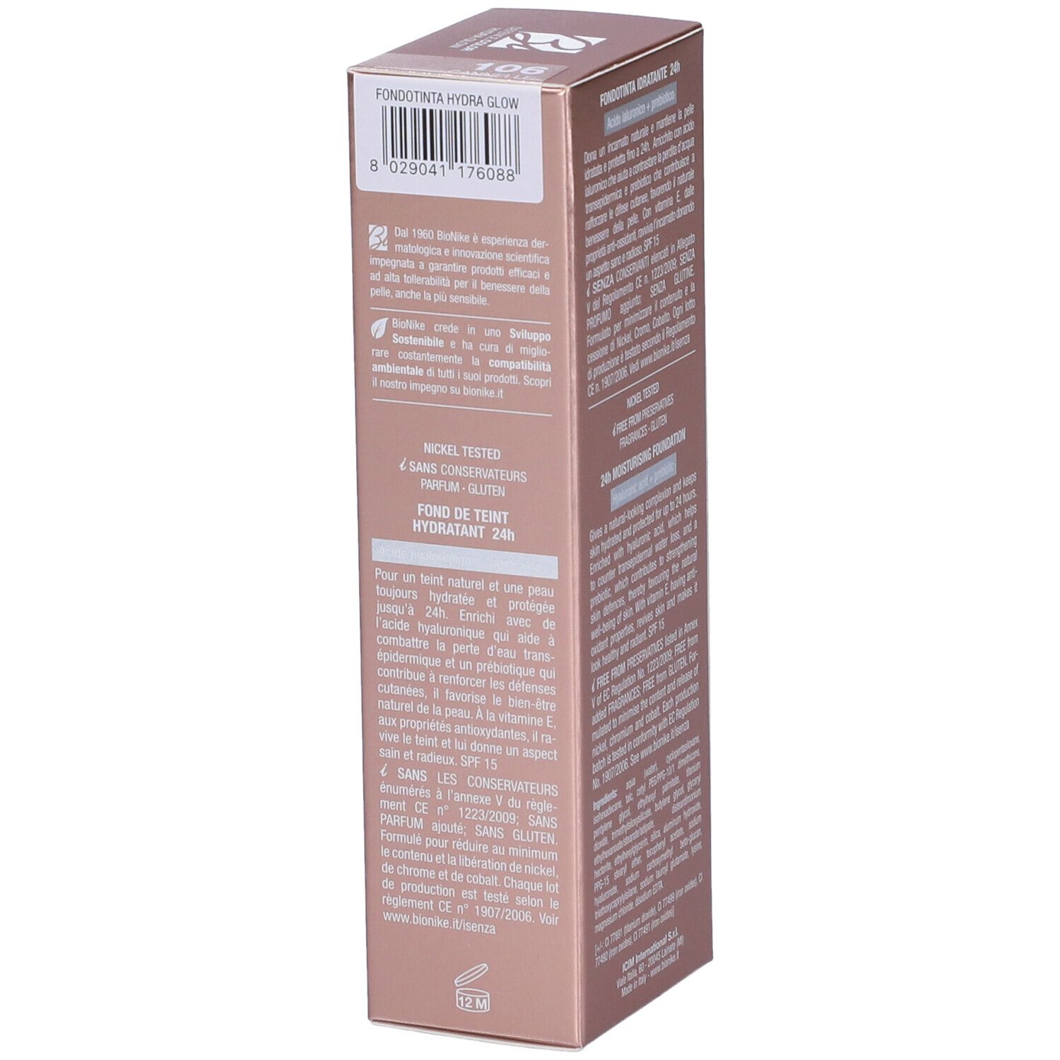 Confezione rosa dorato BioNike Defence Color Hydra Glow Fondotinta Idratante 24h. Testo e logo visibili.