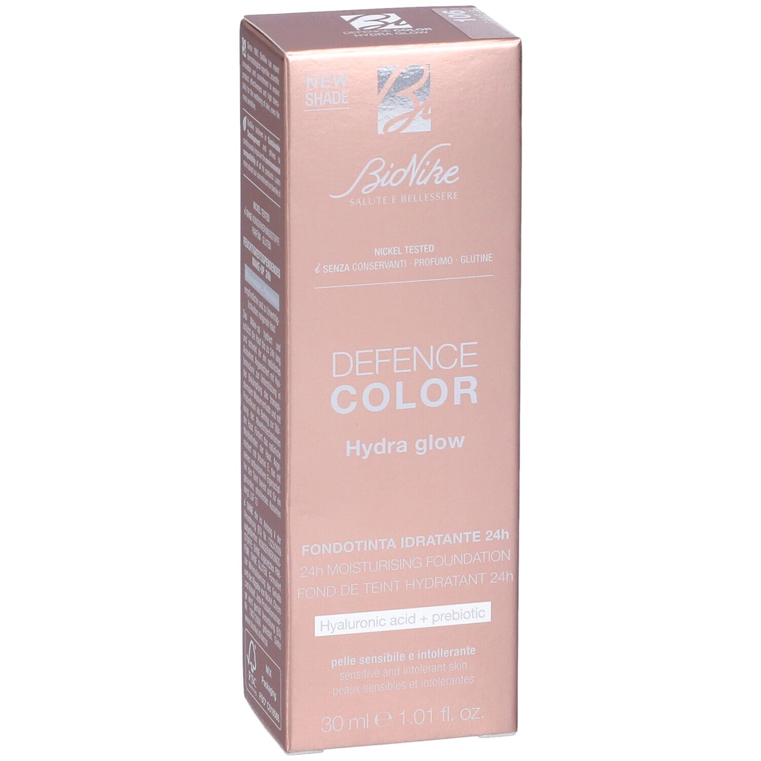 Confezione rosa dorato BioNike Defence Color Hydra Glow Fondotinta Idratante 24h. Nome e logo del prodotto visibili.