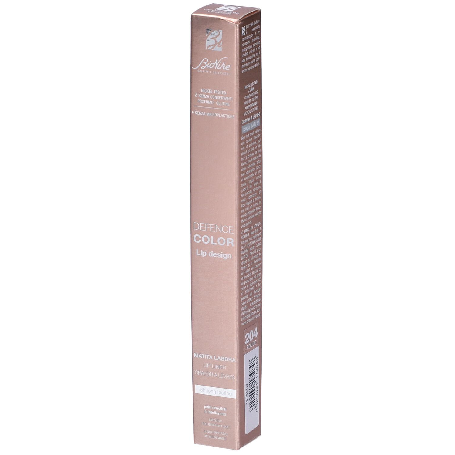 BioNike Defence Color Lip Design Matita Labbra Colore 204 Rouge. Confezione rosa. Testo. Marchio visibile.