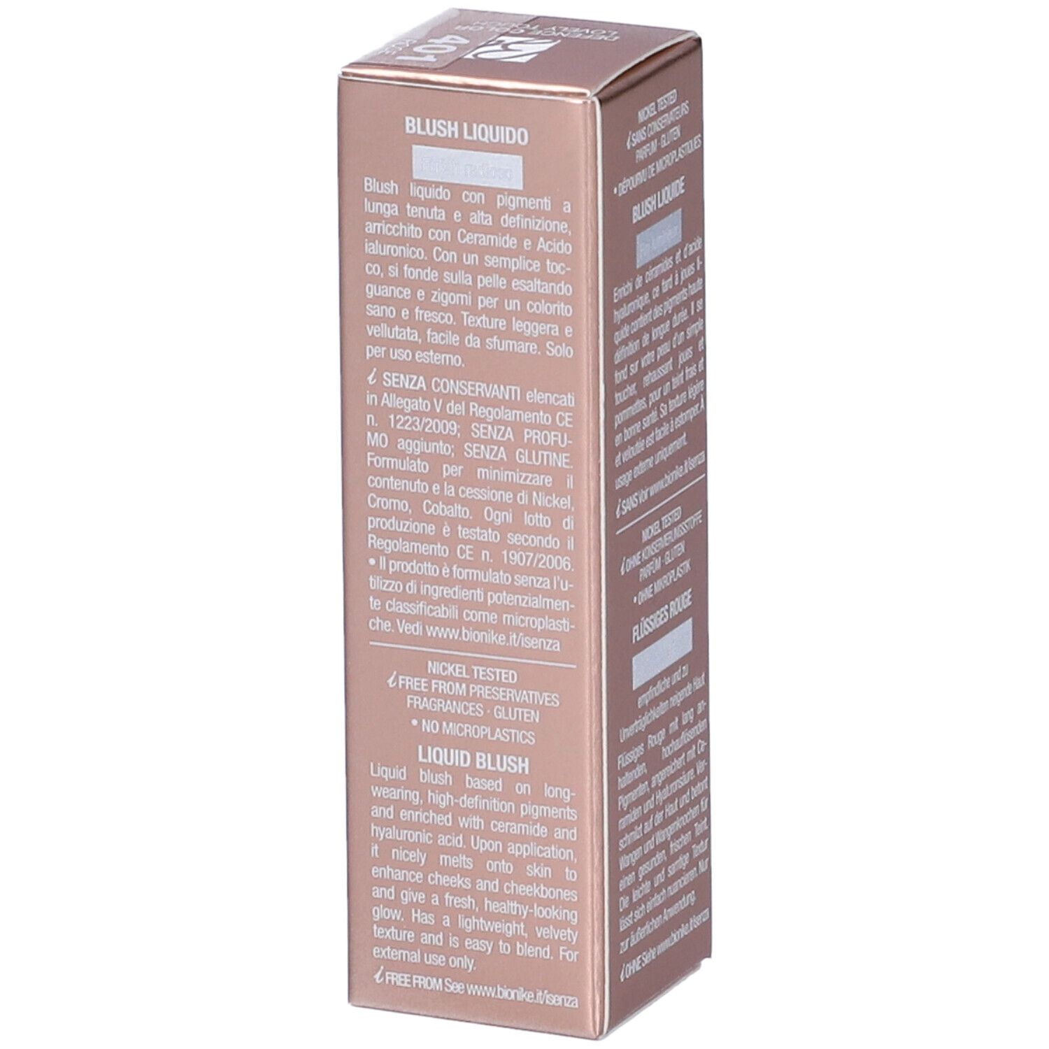 Verpackung für flüssigen Blush, mit Produktinformationen und Inhaltsstoffen.