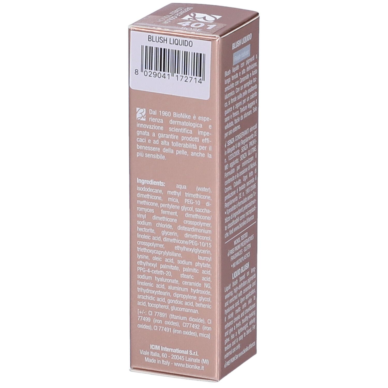 Verpackung für flüssiges Rouge mit Inhaltsstoffliste und Barcode.