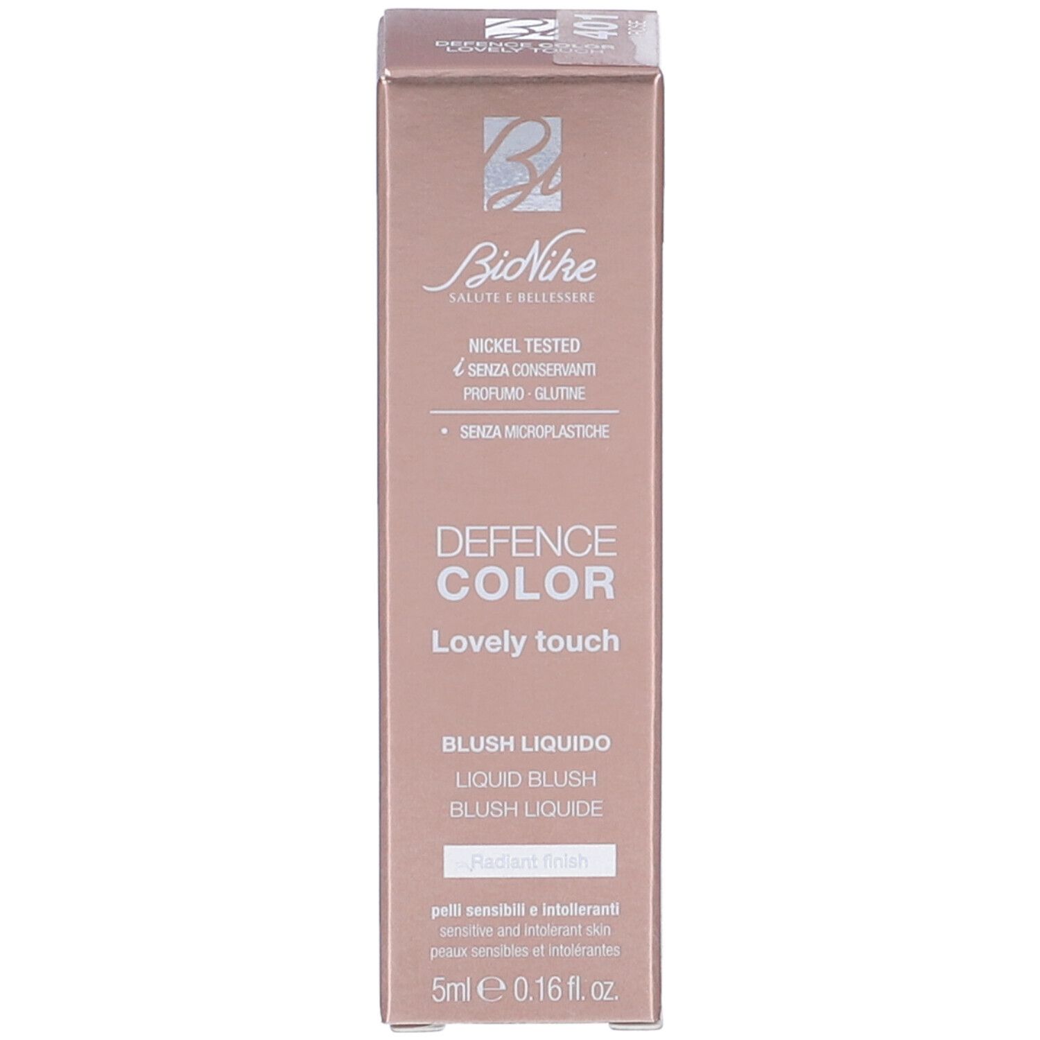 Bionike Defence Color Lovely Touch Liquid Blush in 5ml Verpackung. Nickelgetestet, ohne Konservierungsstoffe, Duftstoffe und Gluten.