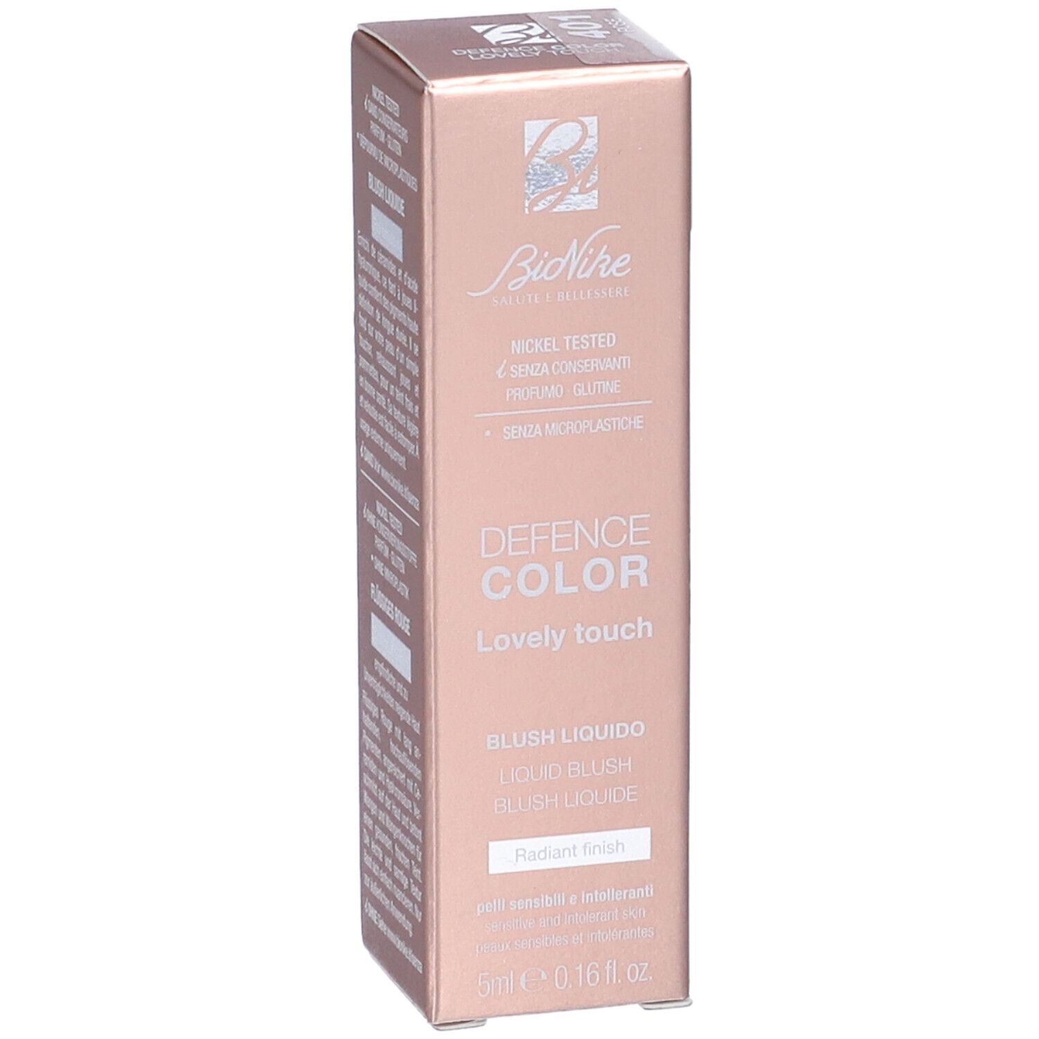 Bionike Defence Color Lovely Touch Liquid Blush, 50ml. Rosafarbene Verpackung mit Produktinformationen.