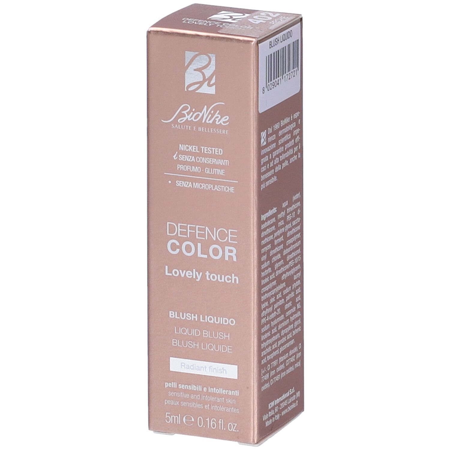 Confezione Bionike Defence Color Lovely Touch Blush Liquido. Informazioni prodotto e ingredienti. Colore pesca.