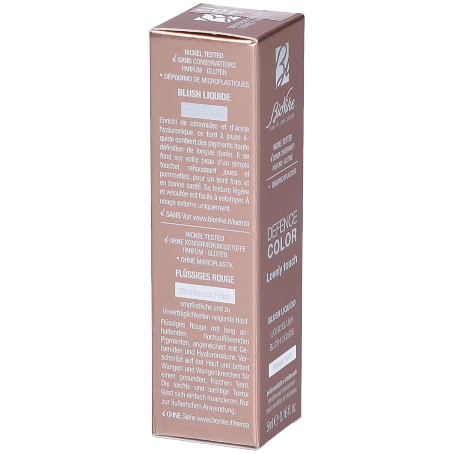 Confezione Bionike Defence Color Lovely Touch Blush Liquido. Testo multilingue con informazioni sul prodotto.